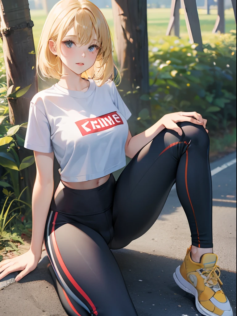 (Masterpis、4k.8k)、Woman wearing sports leggings、Open legs、Golden hair、Clean face、cute expression、Breast size:1.1,The size of the buttocks:1.1、Wearing sports leggings、Ｔwearing a shirts,(Full body shot)