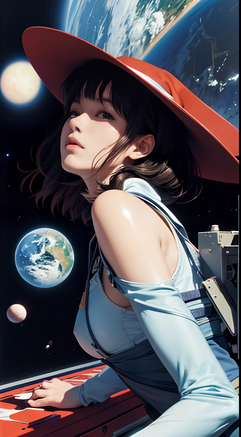 Jean Giraud, A E Marty, katsuhiro Otomo, surreal, Japanese anime, mysterious, strange, fantastic, sci-fi fantasy, astronaut, planet tour, trampoline, chessboard, girl, perfect body, detailed masterpiece, big ties big ass, sexy erotic