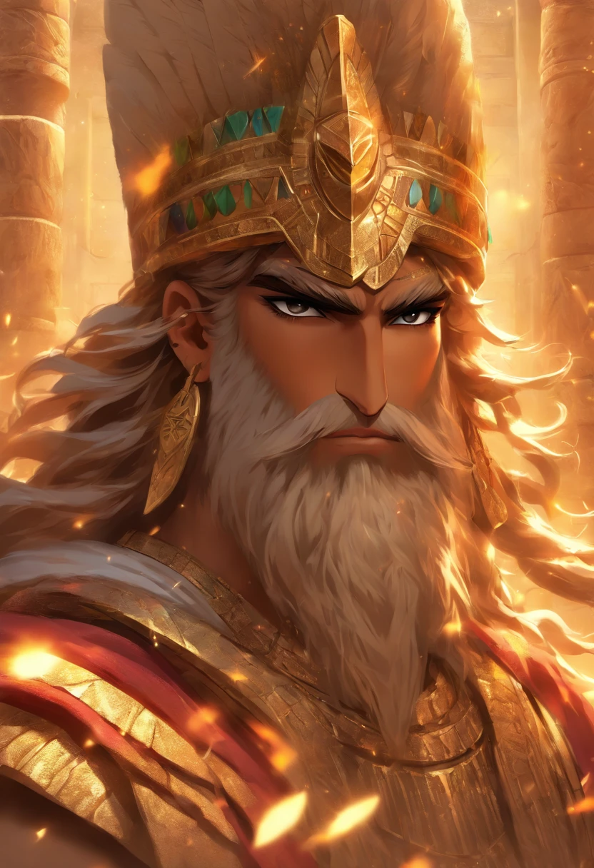 (((King Mesopotamia))) best quality, ultra-high resolution, 4K detailed CG, master piece, Sumerian man, crown with horns, Mesopotamia, Sumeria, Sumerian clothing, Sumerian Mythology,Mesopotamian Mythology, Babylonian Mythology,((with wings)), Babylonian image style, aesthetic, screen-centered
