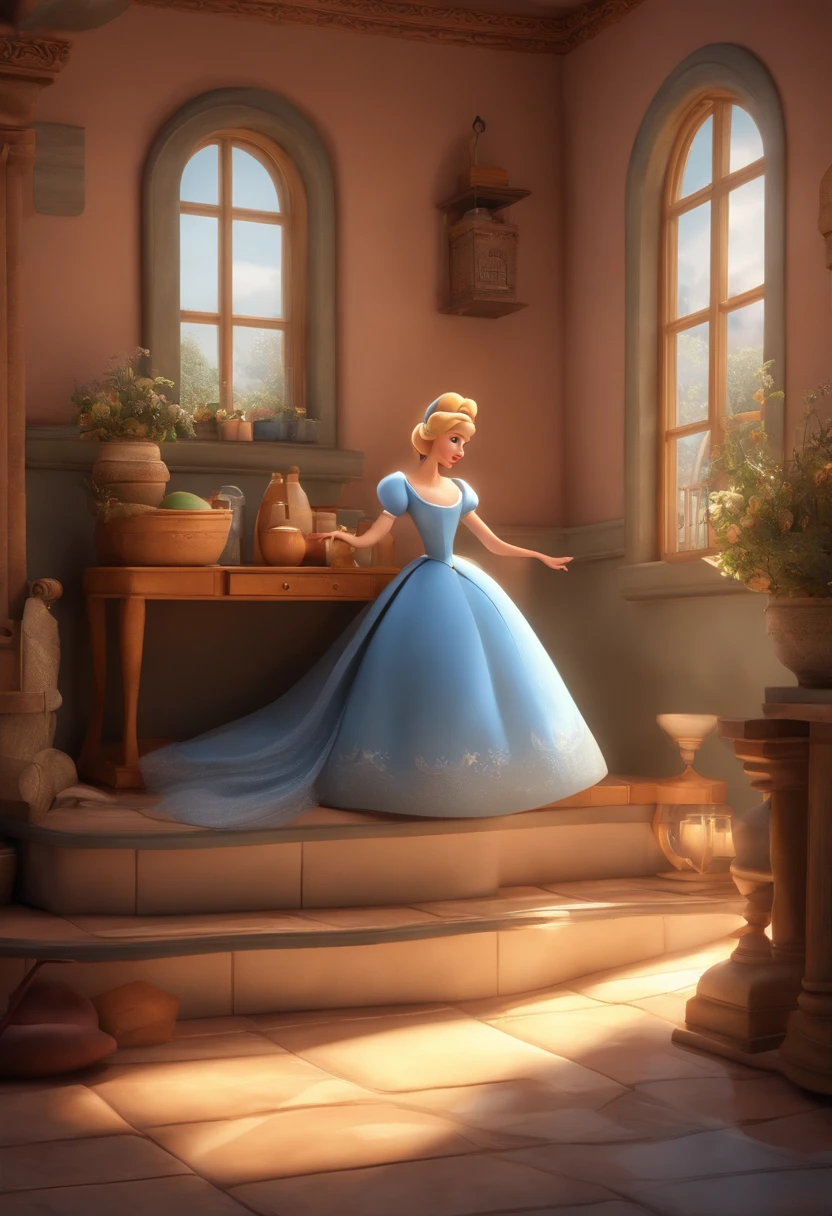 Make in 3D cartoon style Create a scene of Cinderella's everyday life, with her sweeping the floors and washing clothes. Show the half-sisters relaxing while Cinderella works, highlighting the difference in their lives.