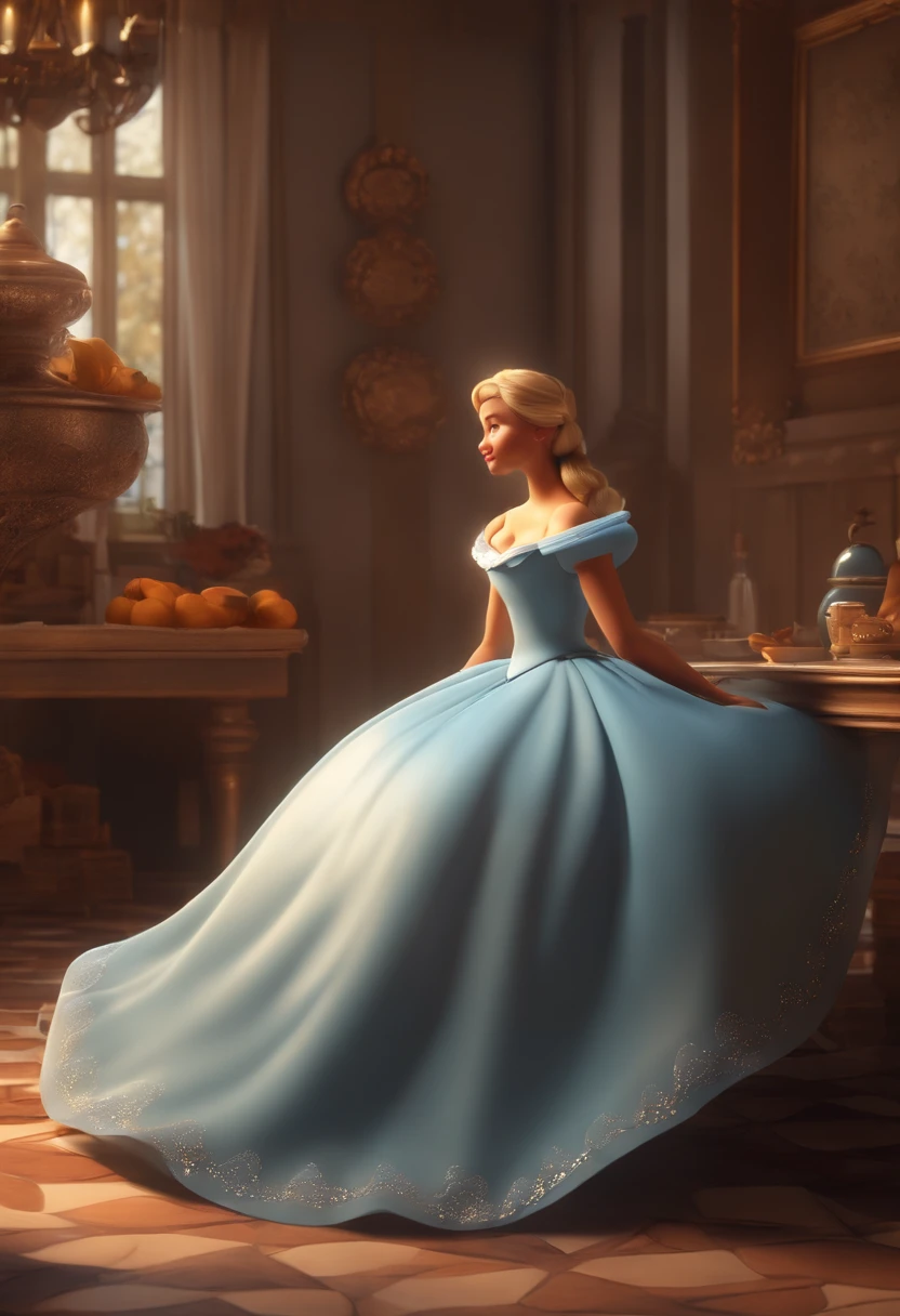 Make in 3D cartoon style Create a scene of Cinderella's everyday life, with her sweeping the floors and washing clothes. Show the half-sisters relaxing while Cinderella works, highlighting the difference in their lives.