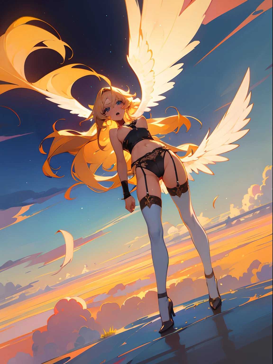 NSFW,​masterpiece,top-quality,realisitic,Seduced Angel Woman,infp young woman,a blond,The long-haired,Shiny hair,Blue eyes,sexy underwear,Less area of fabric,Thigh garter belt,wings grow from the back,Seductive look,Red face,Open your mouth slightly,Wet,are flying,Pose with legs spread,Sweating,In the clouds,cumulonimbus clouds,the setting sun,full body seen,low angles,