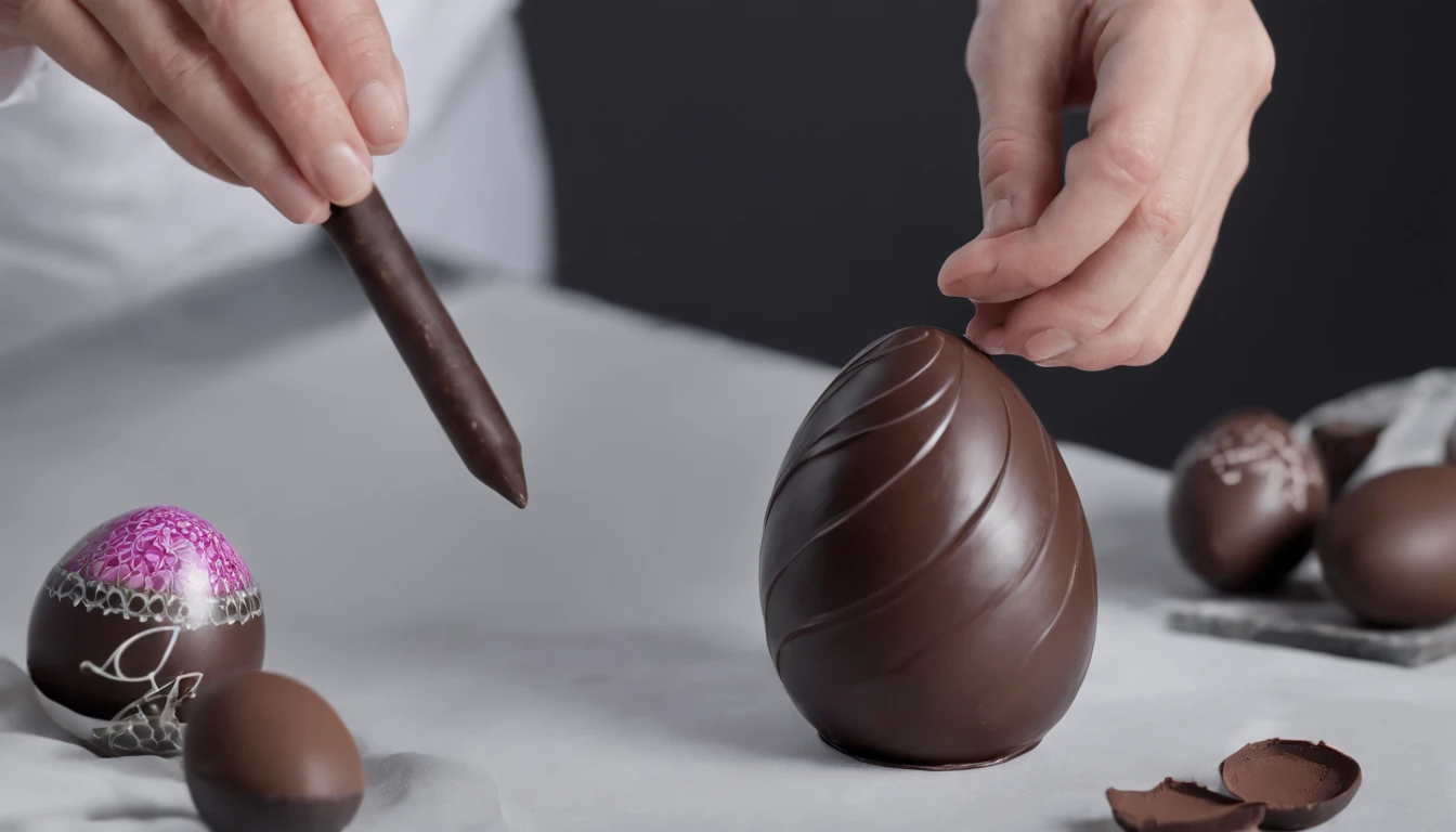 Capture a process shot of a chocolatier handcrafting a chocolate Easter egg, showcasing the meticulous attention to detail and skill involved in its creation.