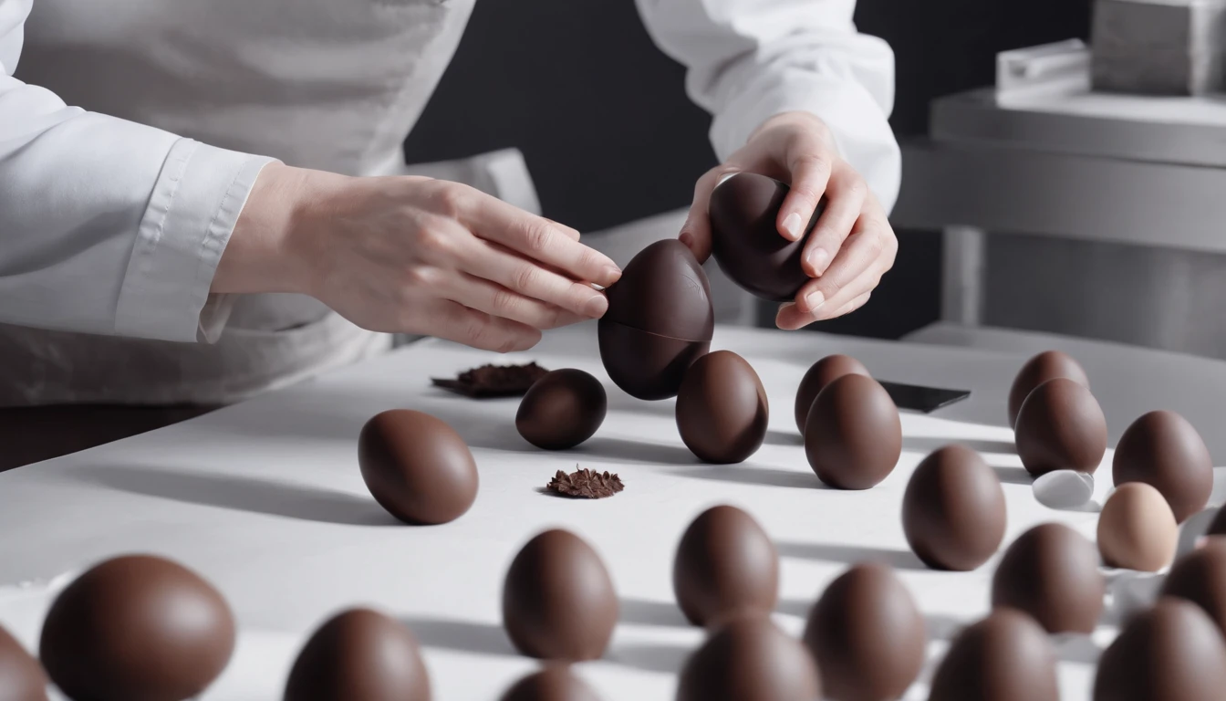 Capture a process shot of a chocolatier handcrafting a chocolate Easter egg, showcasing the meticulous attention to detail and skill involved in its creation.