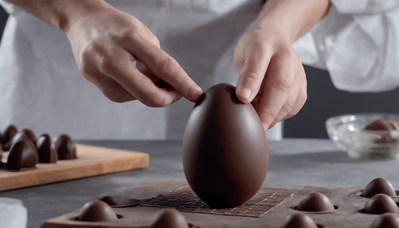 Capture a process shot of a chocolatier handcrafting a chocolate Easter egg, showcasing the meticulous attention to detail and skill involved in its creation.