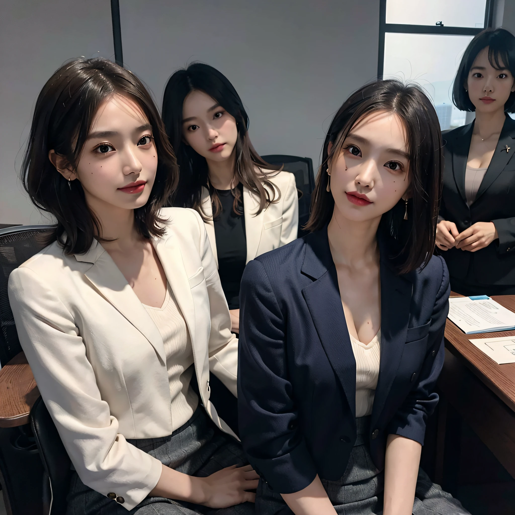 RAW photo, Extremely delicate and beautiful, Masterpiece, Best quality, 超高分辨率, 16k, Hyperrealistic, Ultra-detailed, Very detailed CG 8k wallpaper, Beautiful lighting, Perfect lightning, Realistic shadows, Perfect anatomy, Super detailed skin, Perfect figure, Japanese woman, in her 20s, Very slim body, Narrow waist, Very small head, handsome detailed woman, Very detailed eyes and face, Realistic face proportions, Stunning detailed eyes, Realistic beautiful face, Very small face, Realistic little beautiful eyes, Double eyelids, Makeup, tearful mole, a mole on chest, earring, Bare legs, Beautiful and very thin legs, Beautiful and very thin thighs, (very large round breasts:1.3), Short hair, Wavy hair, Sweat, (3 girls:1.5), (office lady suit:1.3), (skirt suit), (blazer jacket), (blouse),