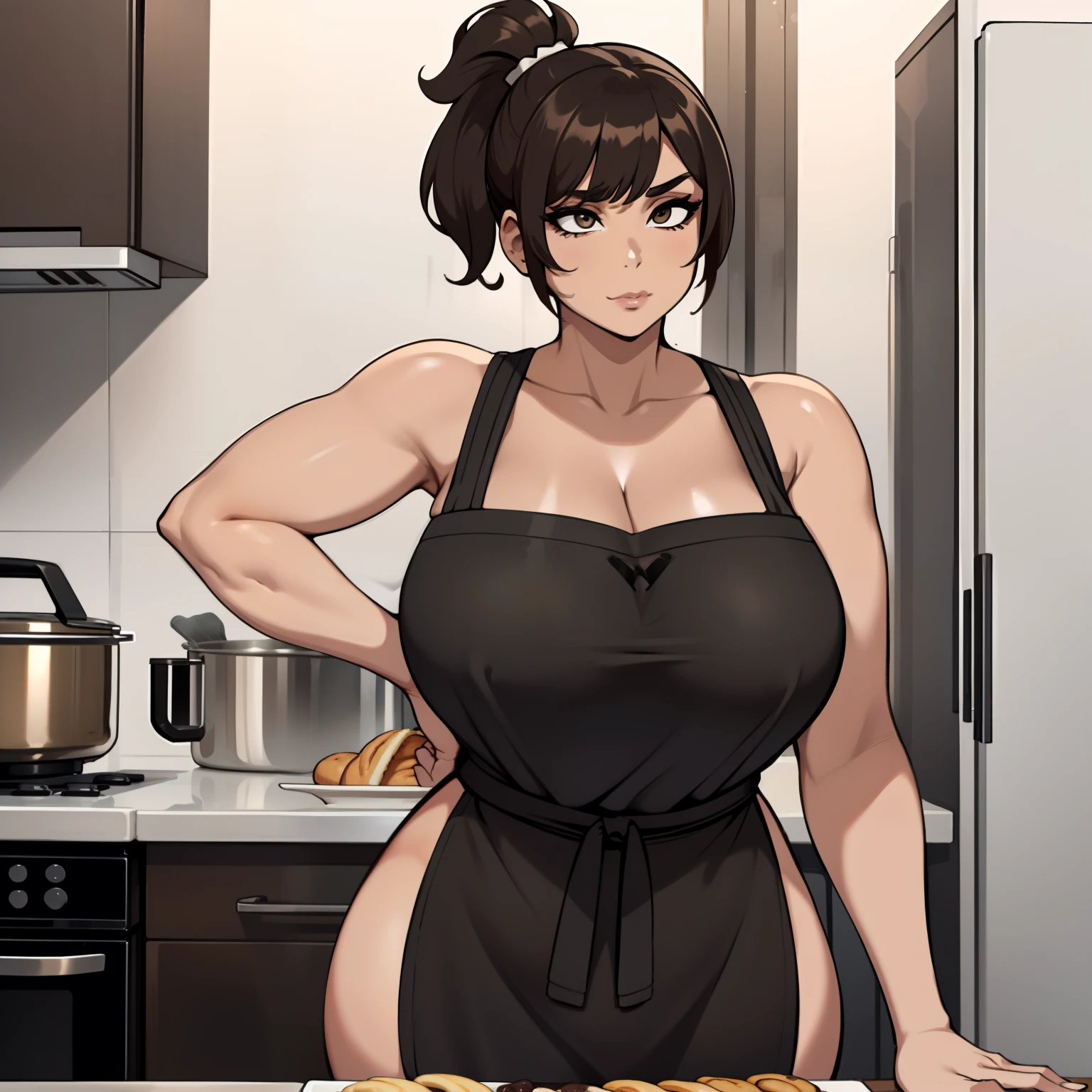 one female with short ponytail brown haircut, wearing nothing but a short black apron, thicc, alone, solo, (ALONE)(SOLO), showing cleavage, facing forward, looking at me, looking forward, showing belly, in kitchen baking sweets