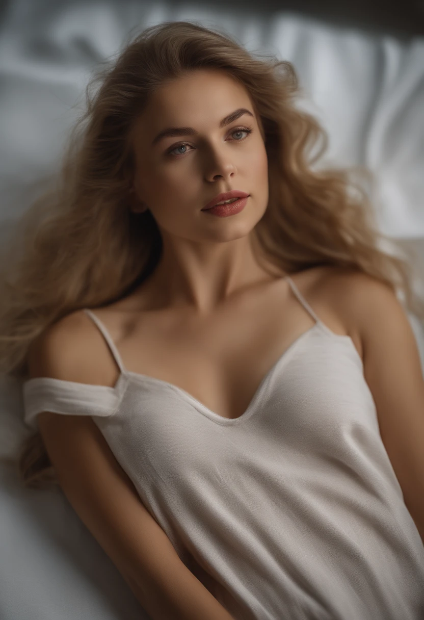 arafed woman fully , sexy girl with blue eyes, ultra realistic, meticulously detailed, portrait sophie mudd, blonde hair and large eyes, selfie of a young woman, bedroom eyes, violet myers, without makeup, natural makeup, looking directly at the camera, face with artgram, subtle makeup, stunning full body shot kneeling on bed, in bedroom, medium to large size bust