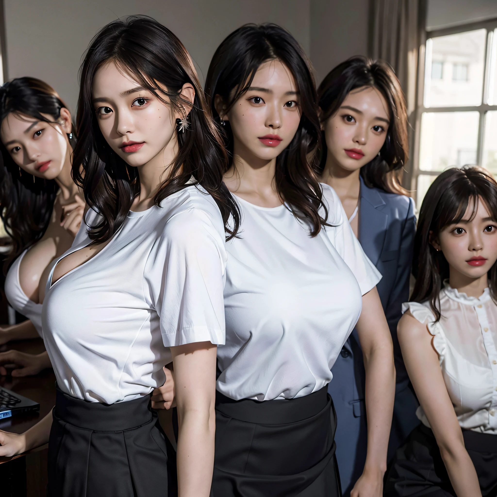 absurdres, RAW photo, extremely delicate and beautiful, masterpiece, Best Quality, ultra high resolution, 16k, hyperrealistic, ultra-detailed, Very detailed CG 8k wallpaper, Beautiful Lighting, Perfect Lightning, Realistic Shadows, perfect anatomy, super Detailed skin, perfect figure, Japanese woman, in her 20s, very Slim body, narrow waist, very small head, handsome detailed woman, very detailed eyes and face, realistic face proportions, Stunning detailed eyes, Realistic beautiful face, very small face, Realistic small beautiful eyes, double eyelids, makeup, tearful mole, mole on chest, earring, bare legs, beautiful and very thin legs, beautiful and very thin thighs, (very huge round breasts:1.3), short hair, wavy hair, sweat, full body shot, (3 girls:1.5), (office lady suit:1.3), (skirt suit), (blouse),