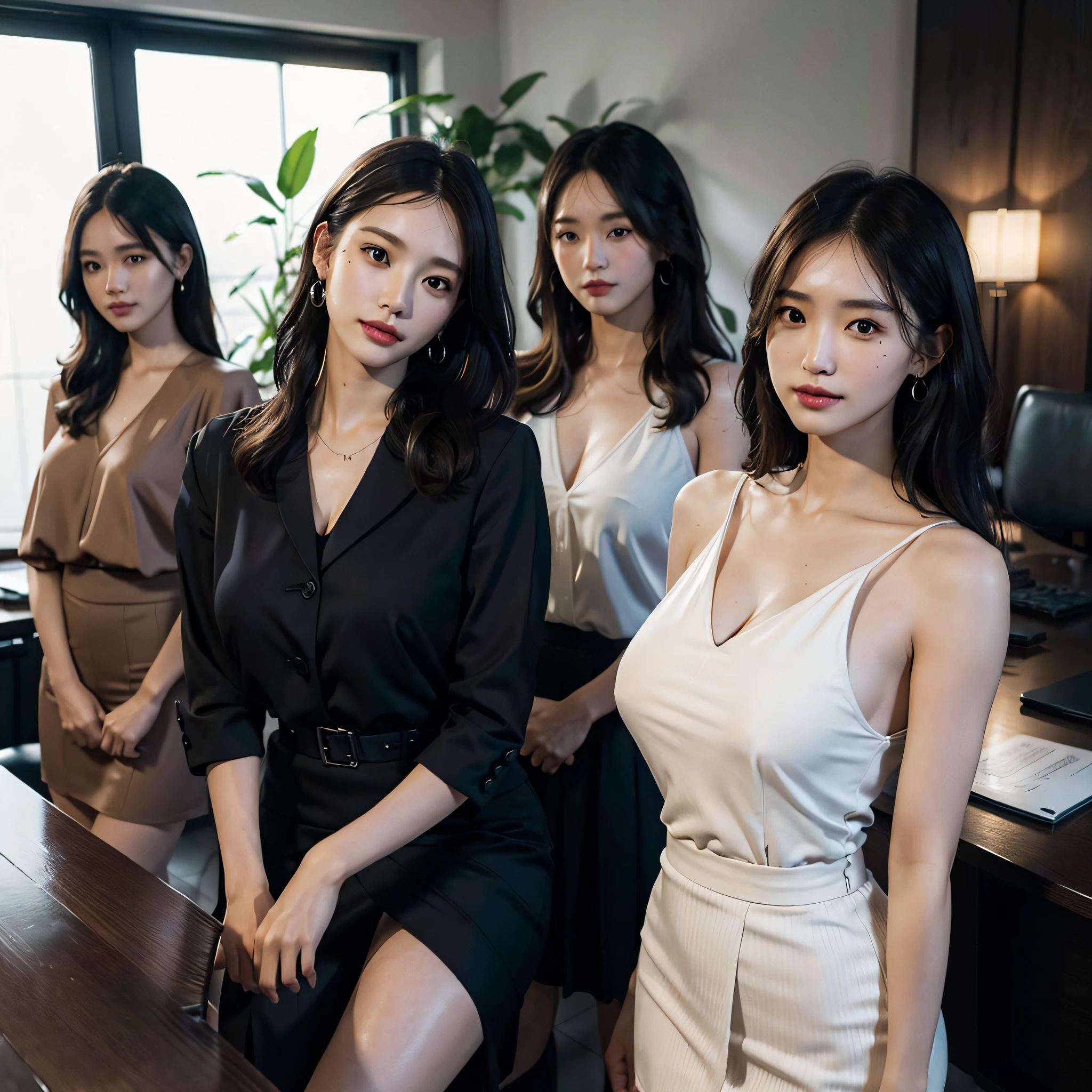 absurdres, RAW photo, extremely delicate and beautiful, masterpiece, Best Quality, ultra high resolution, 16k, hyperrealistic, ultra-detailed, Very detailed CG 8k wallpaper, Beautiful Lighting, Perfect Lightning, Realistic Shadows, perfect anatomy, super Detailed skin, perfect figure, Japanese woman, in her 20s, very Slim body, narrow waist, very small head, handsome detailed woman, very detailed eyes and face, realistic face proportions, Stunning detailed eyes, Realistic beautiful face, very small face, Realistic small beautiful eyes, double eyelids, makeup, tearful mole, mole on chest, earring, bare legs, beautiful and very thin legs, beautiful and very thin thighs, (very huge round breasts:1.3), short hair, wavy hair, sweat, full body shot, (3 girls:1.5), (office lady suit:1.3), (skirt suit), (blouse),