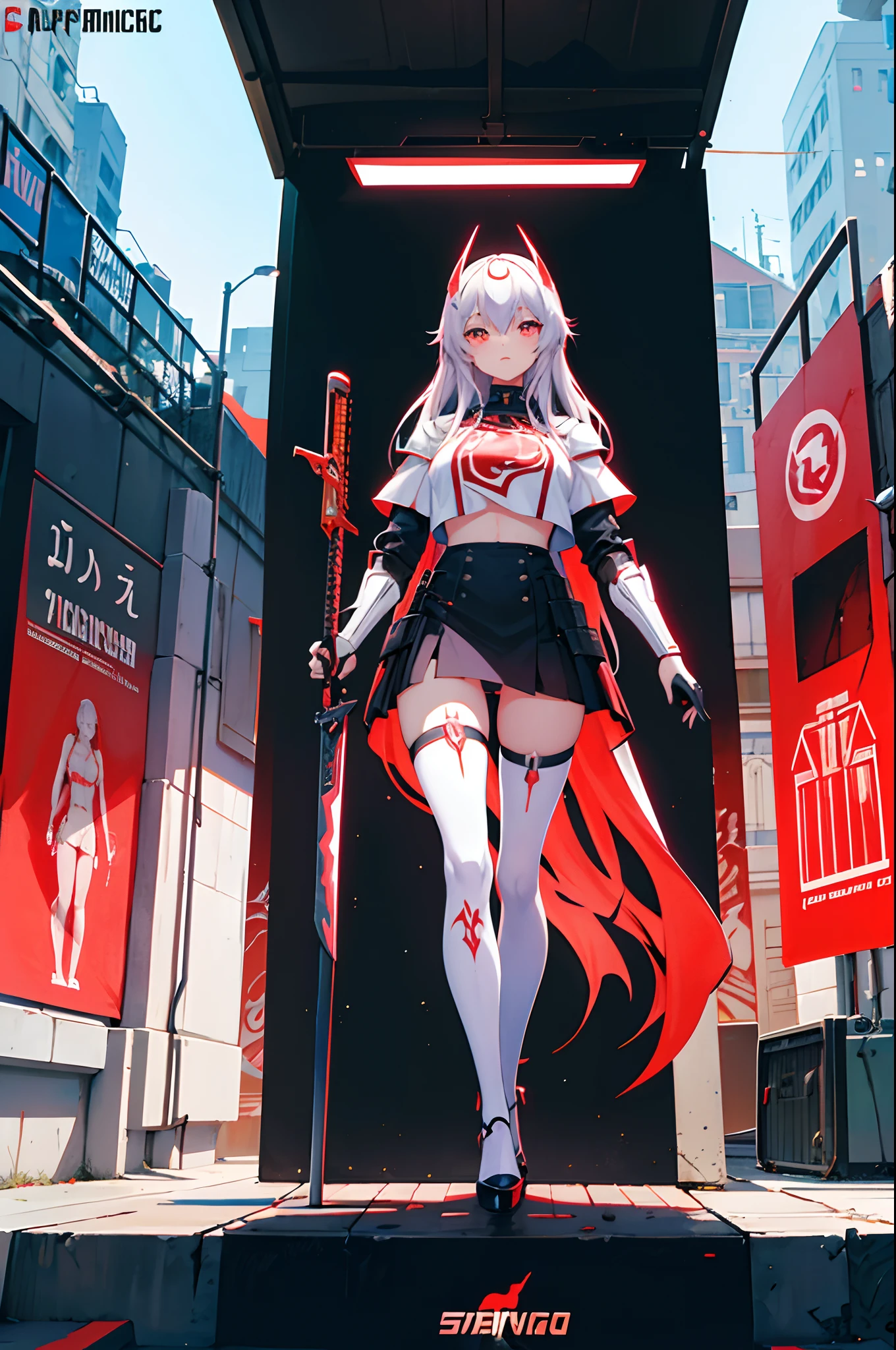 beautiful young girl in a futuristic female warrior armor(cyborg neon armor), style Soviet poster, USSR poster, guns and swords in the background, mech war in the background, sunny weather, anime, manga graphics, dark colors, offset printing, high detail, Poster, 8K, HD, CMYK, Happy, Natural Lighting --q 2 --ar 9:16,whit demon mask oni, nude, nsfw big thighs tight pussy
