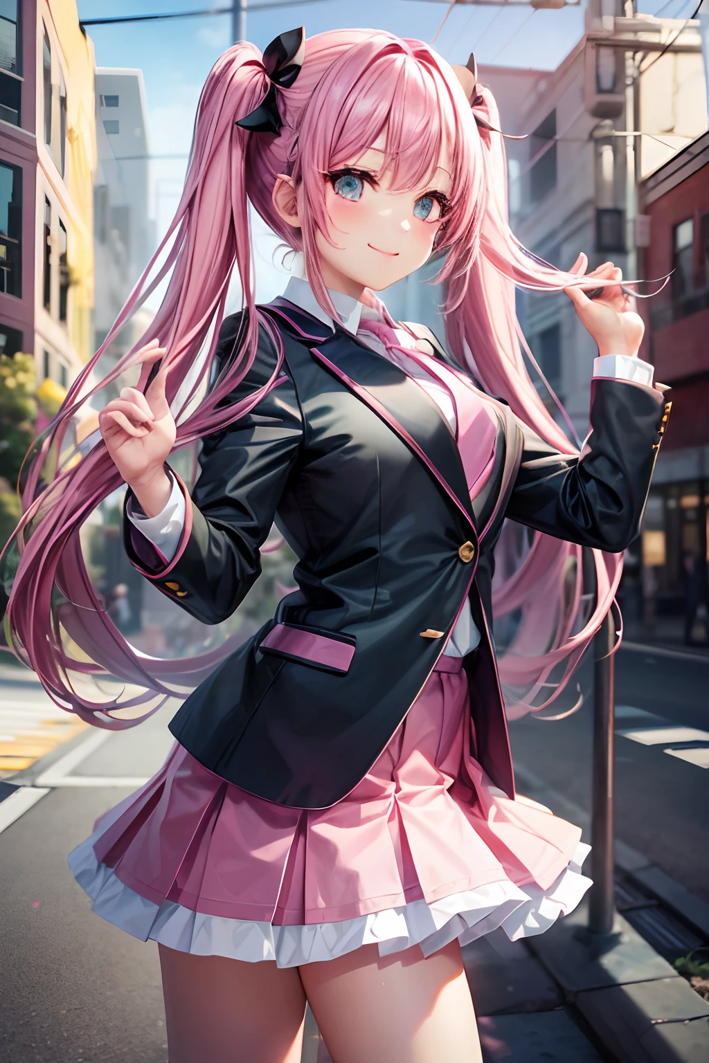 Imagen de una chica anime Yandere de cabello rosa y uniforme de colegiala muy ajustado parada debajo de una farola con una sonrisa macabra mientras sostiene un cuchillo