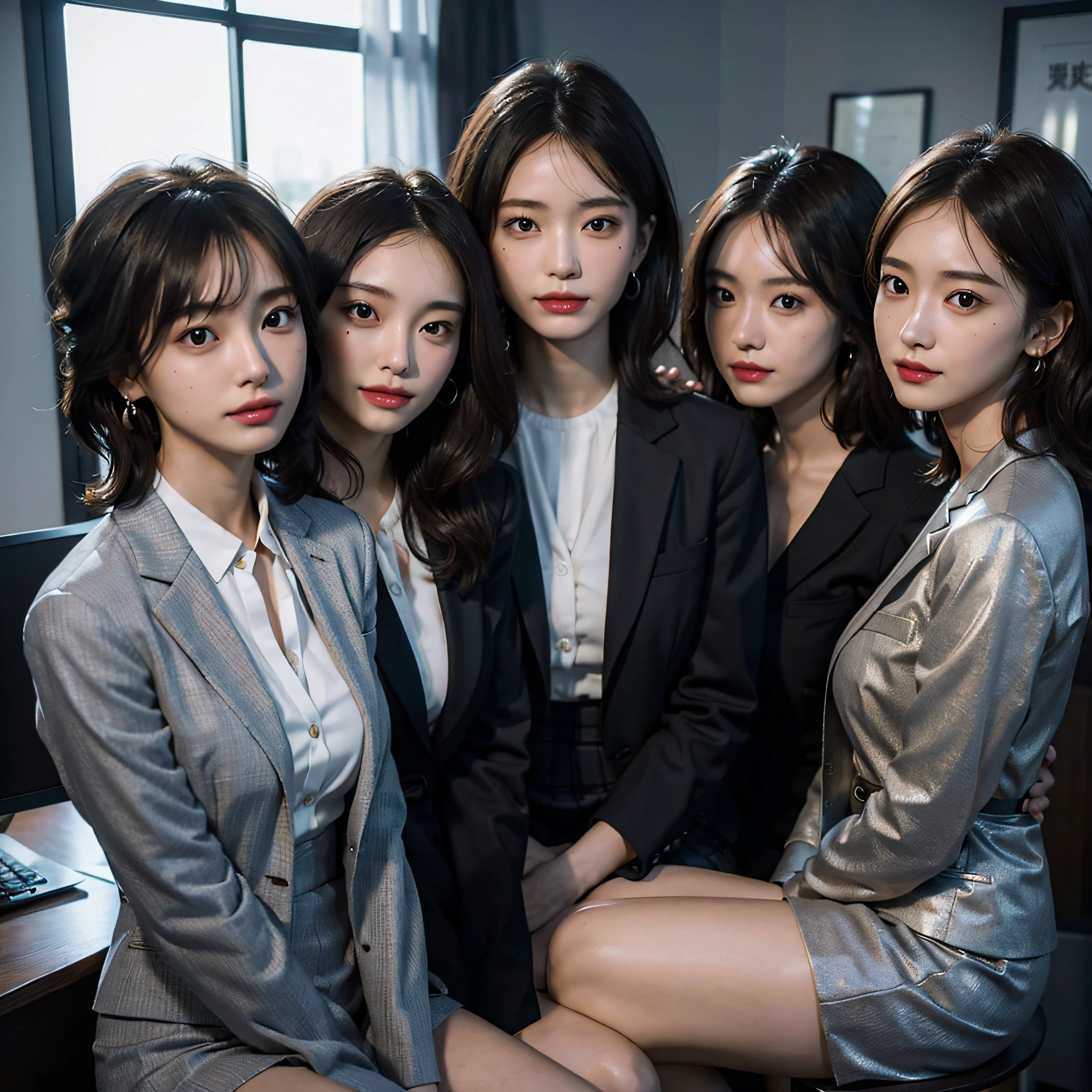 RAW photo, Extremely delicate and beautiful, Masterpiece, Best quality, 超高分辨率, 16k, Hyperrealistic, Ultra-detailed, Very detailed CG 8k wallpaper, Beautiful lighting, Perfect lightning, Realistic shadows, Perfect anatomy, Super detailed skin, Perfect figure, Japanese woman, in her 20s, Very slim body, Narrow waist, Very small head, handsome detailed woman, Very detailed eyes and face, Realistic face proportions, Stunning detailed eyes, Realistic beautiful face, Very small face, Realistic little beautiful eyes, Double eyelids, Makeup, tearful mole, a mole on chest, earring, Bare legs, Beautiful and very thin legs, Beautiful and very thin thighs, (very large round breasts:1.3), Short hair, Wavy hair, Sweat, (3 girls:1.5), (office lady suit:1.3), (skirt suit), (blazer jacket), (blouse),