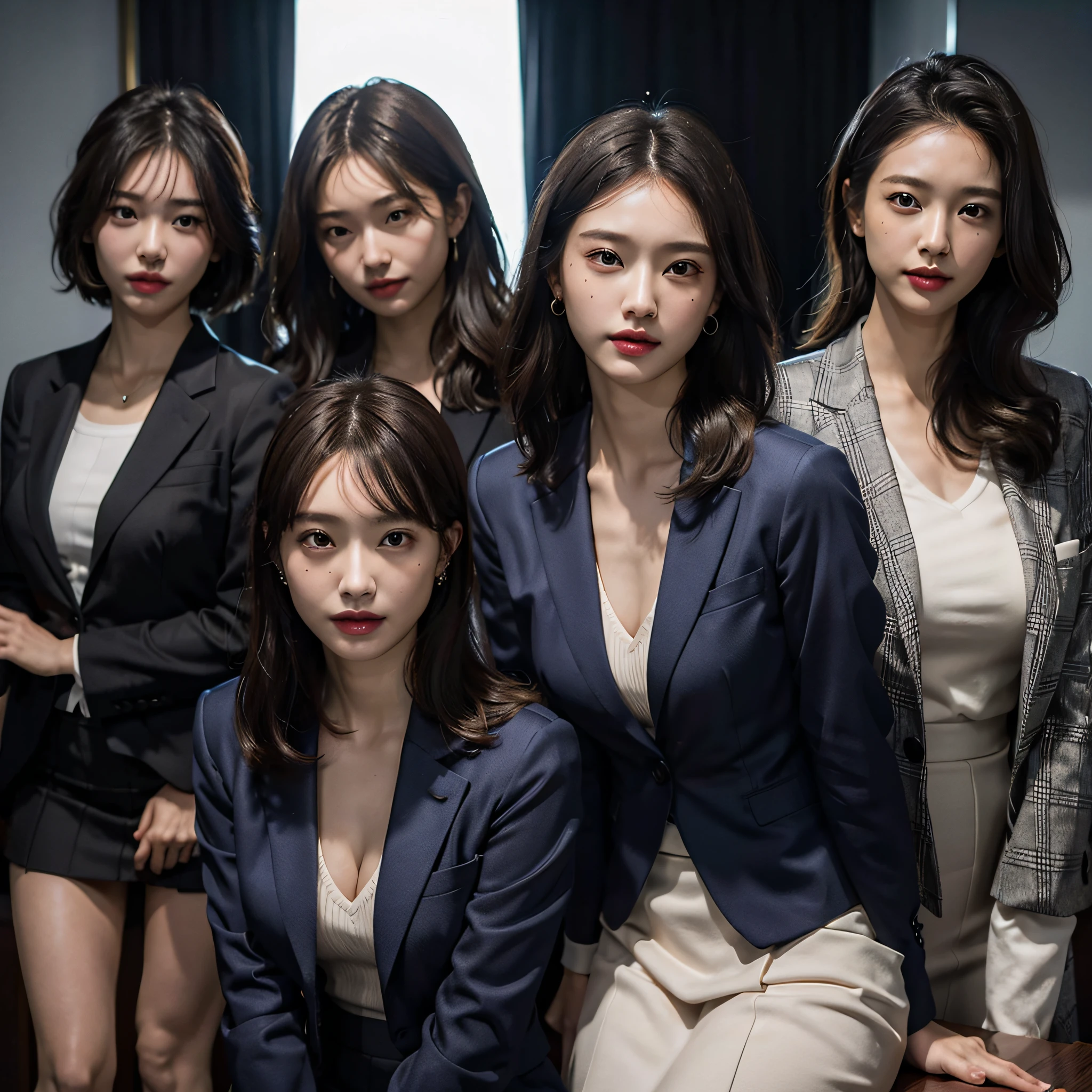 absurdres, RAW photo, extremely delicate and beautiful, masterpiece, Best Quality, ultra high resolution, 16k, hyperrealistic, ultra-detailed, Very detailed CG 8k wallpaper, Beautiful Lighting, Perfect Lightning, Realistic Shadows, perfect anatomy, super Detailed skin, perfect figure, Japanese woman, in her 20s, very Slim body, narrow waist, very small head, handsome detailed woman, very detailed eyes and face, realistic face proportions, Stunning detailed eyes, Realistic beautiful face, very small face, Realistic small beautiful eyes, double eyelids, makeup, tearful mole, mole on chest, earring, bare legs, beautiful and very thin legs, beautiful and very thin thighs, (((very huge round breasts))), short hair, wavy hair, sweat, (((((3 girls))))), (((office lady suit))), (skirt suit), (suit jacket),