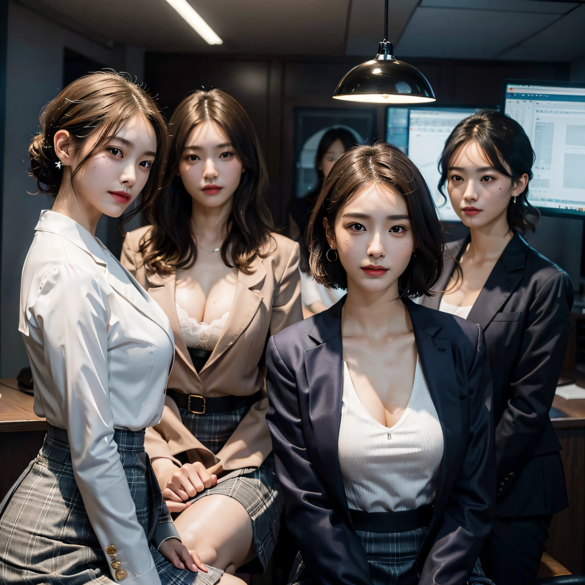 , RAW photo, Extremely delicate and beautiful, Masterpiece, Best quality, 超高分辨率, 16k, Hyperrealistic, Ultra-detailed, Very detailed CG 8k wallpaper, Beautiful lighting, Perfect lightning, Realistic shadows, Perfect anatomy, Super detailed skin, Perfect figure, Japanese woman, in her 20s, Very slim body, Narrow waist, Very small head, handsome detailed woman, Very detailed eyes and face, Realistic face proportions, Stunning detailed eyes, Realistic beautiful face, Very small face, Realistic little beautiful eyes, Double eyelids, Makeup, tearful mole, a mole on chest, earring, Bare legs, Beautiful and very thin legs, Beautiful and very thin thighs, (very large round breasts:1.3), Short hair, Wavy hair, Sweat, (3 girls:1.5), (office lady suit:1.3), (skirt suit), (blazer jacket), (blouse),