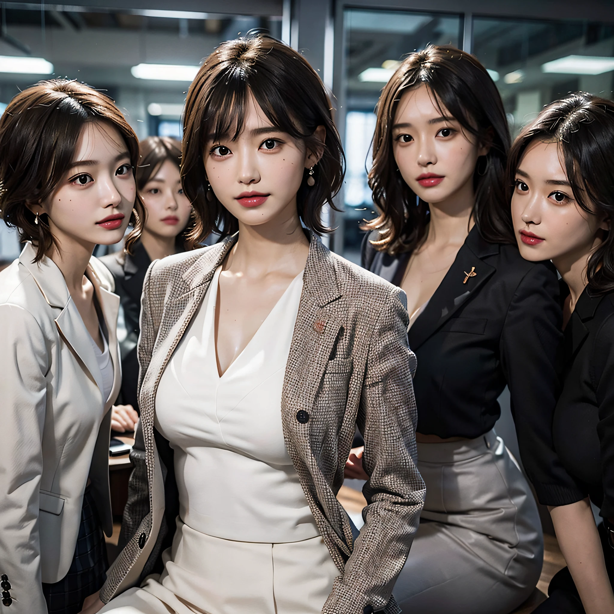 RAW photo, Extremely delicate and beautiful, Masterpiece, Best quality, 超高分辨率, 16k, Hyperrealistic, Ultra-detailed, Very detailed CG 8k wallpaper, Beautiful lighting, Perfect lightning, Realistic shadows, Perfect anatomy, Super detailed skin, Perfect figure, Japanese woman, in her 20s, Very slim body, Narrow waist, Very small head, handsome detailed woman, Very detailed eyes and face, Realistic face proportions, Stunning detailed eyes, Realistic beautiful face, Very small face, Realistic little beautiful eyes, Double eyelids, Makeup, tearful mole, mole on chest, earring, Bare legs, Beautiful and very thin legs, Beautiful and very thin thighs, (very large round breasts:1.3), Short hair, Wavy hair, Sweat, (3 girls:1.5), (office lady suit:1.3), (skirt suit), (blazer jacket), (blouse),