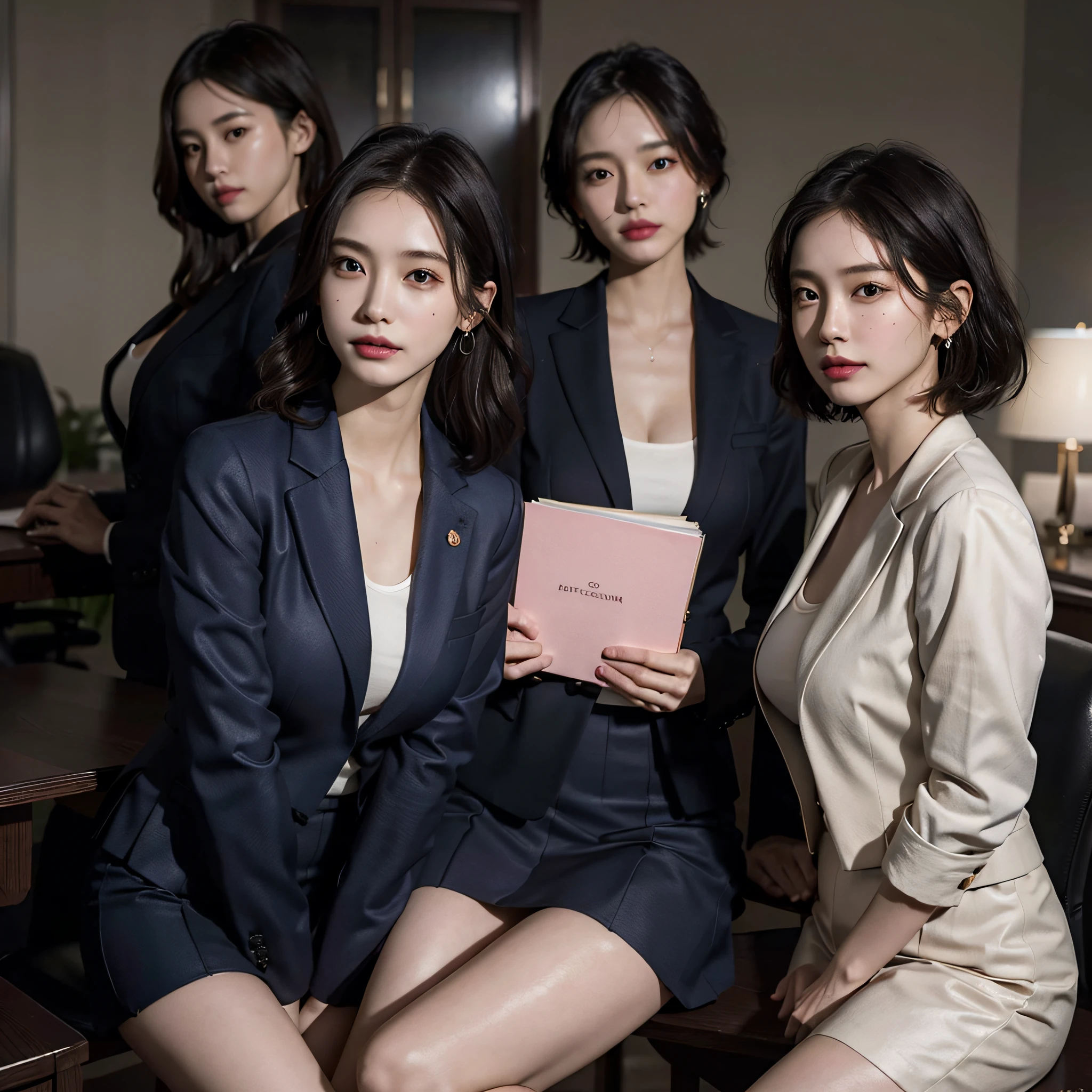 RAW photo, Extremely delicate and beautiful, Masterpiece, Best quality, 超高分辨率, 16k, Hyperrealistic, Ultra-detailed, Very detailed CG 8k wallpaper, Beautiful lighting, Perfect lightning, Realistic shadows, Perfect anatomy, Super detailed skin, Perfect figure, Japanese woman, in her 20s, Very slim body, Narrow waist, Very small head, handsome detailed woman, Very detailed eyes and face, Realistic face proportions, Stunning detailed eyes, Realistic beautiful face, Very small face, Realistic little beautiful eyes, Double eyelids, Makeup, tearful mole, mole on chest, earring, Bare legs, Beautiful and very thin legs, Beautiful and very thin thighs, (very huge round breasts:1.3), Short hair, Wavy hair, Sweat, (3 girls:1.5), (office lady suit:1.3), (skirt suit), (blazer jacket), (blouse),