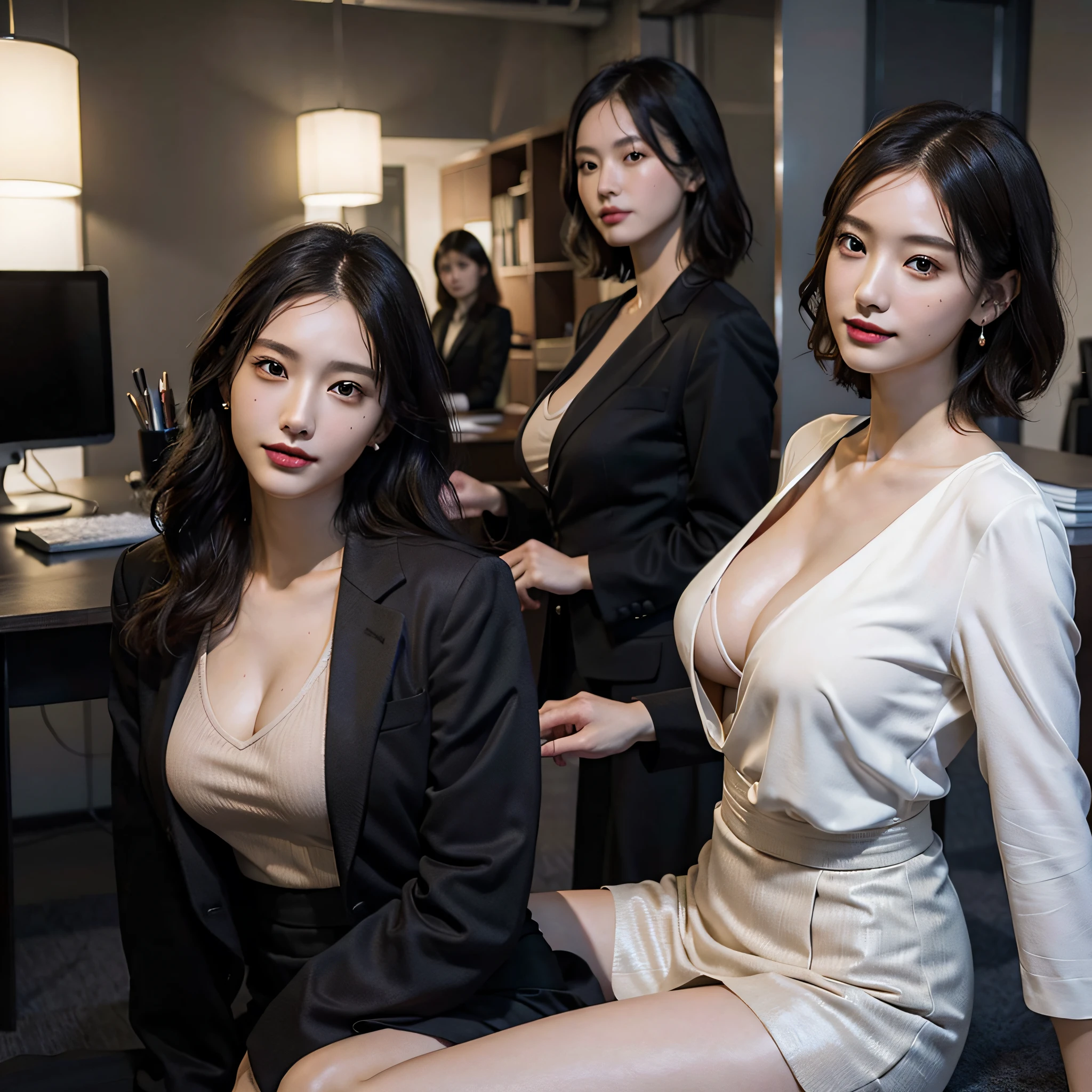 RAW photo, Extremely delicate and beautiful, Masterpiece, Best quality, 超高分辨率, 16k, Hyperrealistic, Ultra-detailed, Very detailed CG 8k wallpaper, Beautiful lighting, Perfect lightning, Realistic shadows, Perfect anatomy, Super detailed skin, Perfect figure, Japanese woman, in her 20s, Very slim body, Narrow waist, Very small head, handsome detailed woman, Very detailed eyes and face, Realistic face proportions, Stunning detailed eyes, Realistic beautiful face, Very small face, Realistic little beautiful eyes, Double eyelids, Makeup, tearful mole, mole on chest, earring, Bare legs, Beautiful and very thin legs, Beautiful and very thin thighs, (very huge round breasts:1.3), Short hair, Wavy hair, Sweat, (3 girls:1.5), (office lady suit:1.3), (skirt suit), (blazer jacket), (blouse),