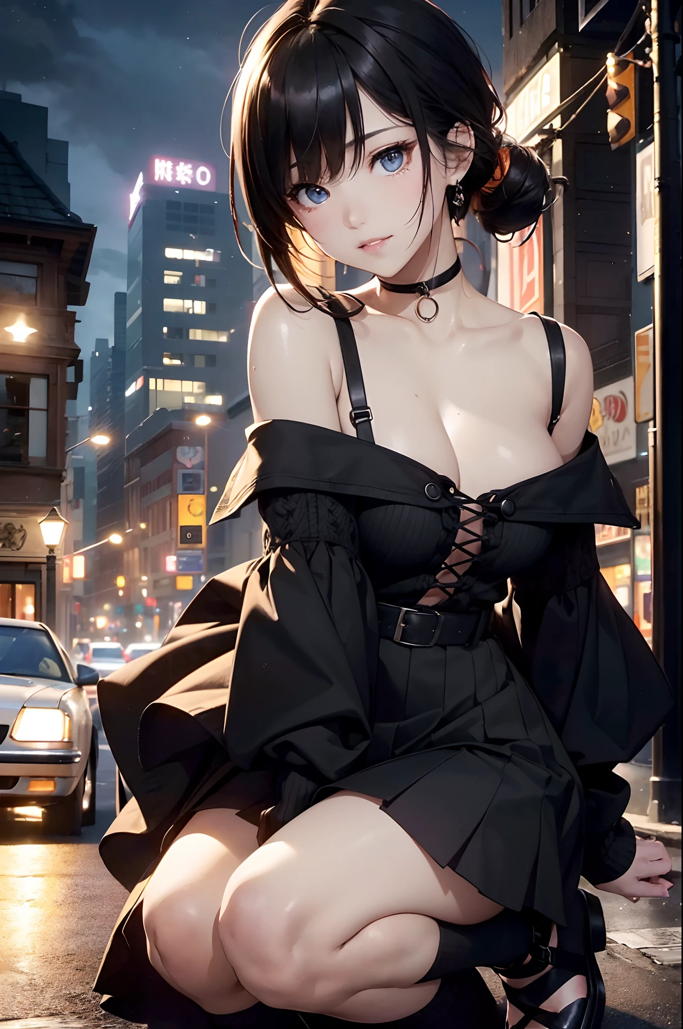 (Official art、Best Quality、Unity 8k Wallpapers、32K、masterpiece、ultra-detailliert、超A high resolution、realisitic、Photorealsitic:1.2)、(Cinematic lighting:1.2)、Fireglow effect、film grains、Best Shadows、Rim lighting、Back lighting、(Ultra-detailed and complex 3D rendering)、Detailed beautiful face and eyes、A slender、Medium bust、(Full body:1.2)、 Highly detailed background、beauitful face、blurry backround、-yeld beiful girl、(super detailed skin、detailed skin textures:1.3)、chestnut bristles、Brown-eyed、Hip Hop Cable、off shoulders、jumper skirt、Black stockings、(thighs thighs thighs thighs:0.8)、Knitted sandals、City at night、Open your mouth and smile gently、a choker、dynamicposes、(Classic car on woman background、Woman illuminated by headlights:1.2)