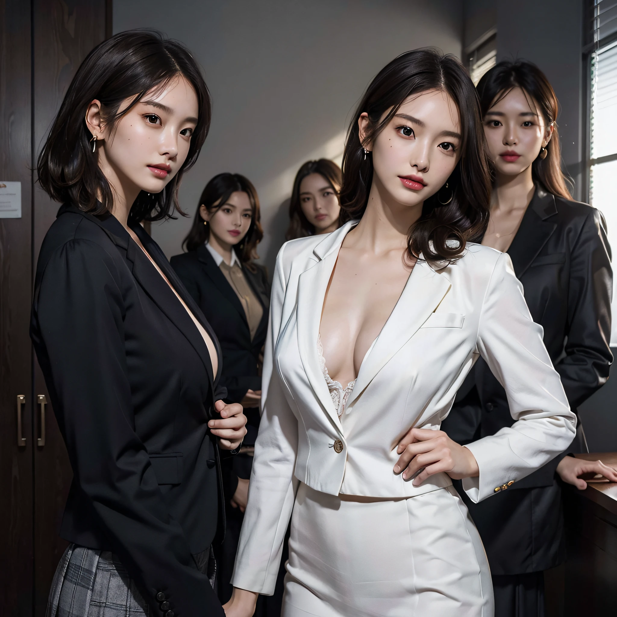 RAW photo, Extremely delicate and beautiful, Masterpiece, Best quality, 超高分辨率, 16k, Hyperrealistic, Ultra-detailed, Very detailed CG 8k wallpaper, Beautiful lighting, Perfect lightning, Realistic shadows, Perfect anatomy, Super detailed skin, Perfect figure, Japanese woman, in her 20s, Very slim body, Narrow waist, Very small head, handsome detailed woman, Very detailed eyes and face, Realistic face proportions, Stunning detailed eyes, Realistic beautiful face, Very small face, Realistic little beautiful eyes, Double eyelids, Makeup, tearful mole, mole on chest, earring, Bare legs, Beautiful and very thin legs, Beautiful and very thin thighs, (very large round breasts:1.5), Short hair, Wavy hair, Sweat, (3 girls:1.5), (office lady suit:1.3), (skirt suit), (blazer jacket), (blouse),
