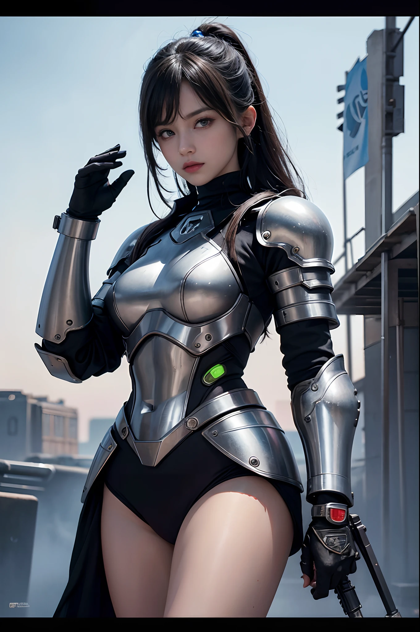 hermosa joven en una armadura guerrera femenina futurista(Cyborg neon armor), Soviet style poster, Cartel de la URSS, pistolas y espadas en el fondo, Mechanical warfare in the background, Clima soleado, anime, manga graphics, colores oscuros, Offset printing, High detail, poster, 8k, Disco duro, Cmyk, feliz, Natural lighting --q 2 --ar 9:16,Oni Demon Mask, , nsfw muslos grandes apretados