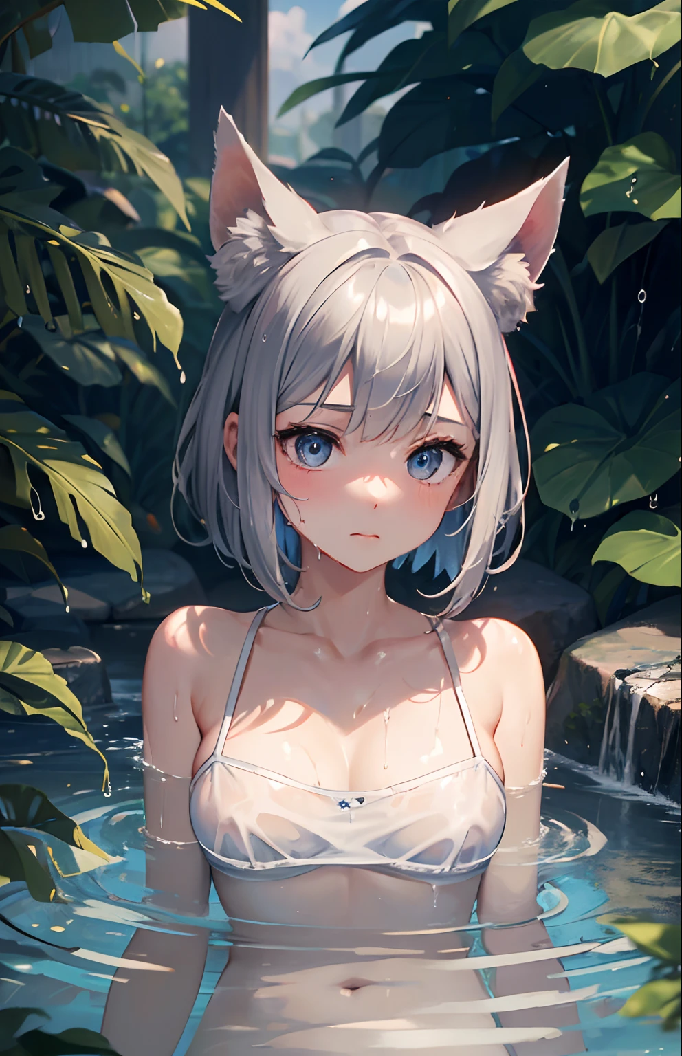 masterpiece,Top image quality,hight resolution,imagem 4k,Raw photo,Photorealsitic,{Solo},s girl,Embarrassment,Silver Short Bob,stare at each other,Wet,Blue eyes,小柄,tits out,Silver fox ears,Fox tail,Bathing in water,boyish,Tube Top