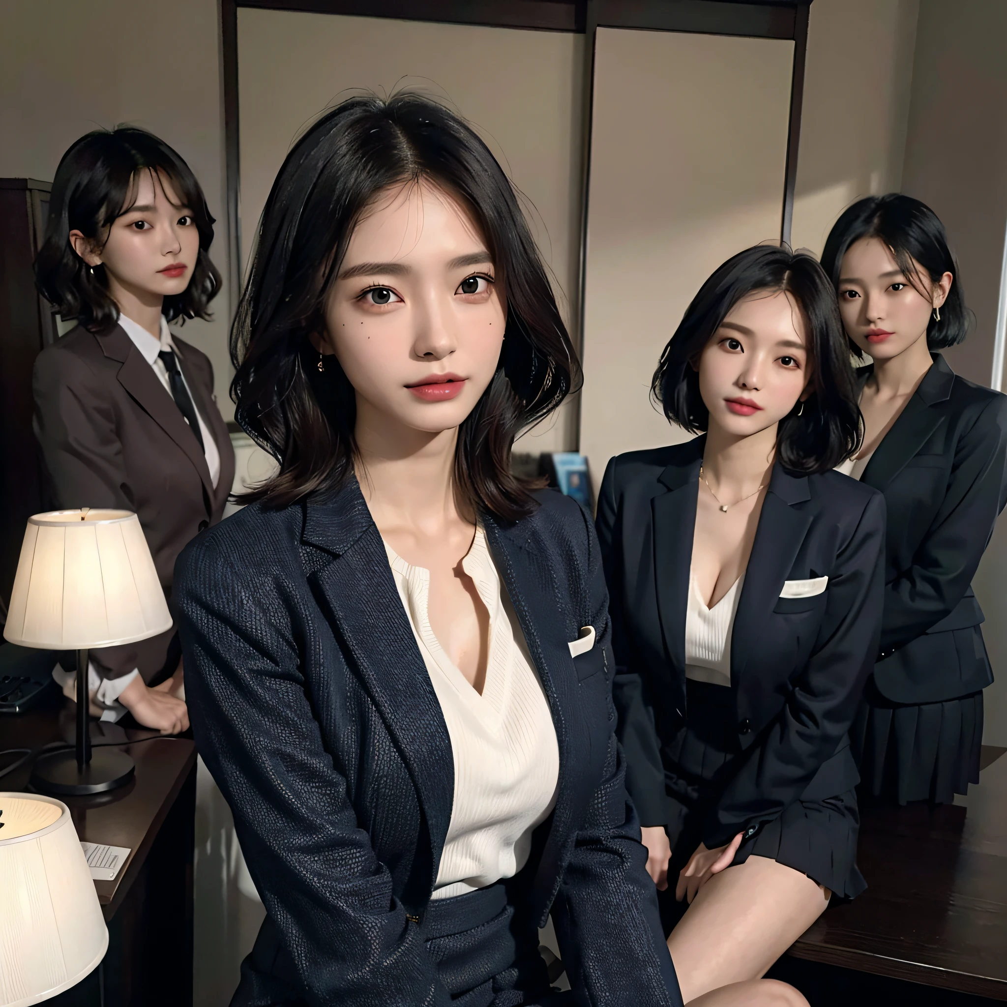 RAW photo, Extremely delicate and beautiful, Masterpiece, Best quality, 超高分辨率, 16k, Hyperrealistic, Ultra-detailed, Very detailed CG 8k wallpaper, Beautiful lighting, Perfect lightning, Realistic shadows, Perfect anatomy, Super detailed skin, Perfect figure, Japanese woman, in her 20s, Very slim body, Narrow waist, Very small head, handsome detailed woman, Very detailed eyes and face, Realistic face proportions, Stunning detailed eyes, Realistic beautiful face, Very small face, Realistic little beautiful eyes, Double eyelids, Makeup, tearful mole, mole on chest, earring, Bare legs, Beautiful and very thin legs, Beautiful and very thin thighs, (very huge round breasts:1.3), Short hair, Wavy hair, Sweat, (3 girls:1.5), (office lady suit:1.3), (skirt suit), (blazer jacket), (blouse),