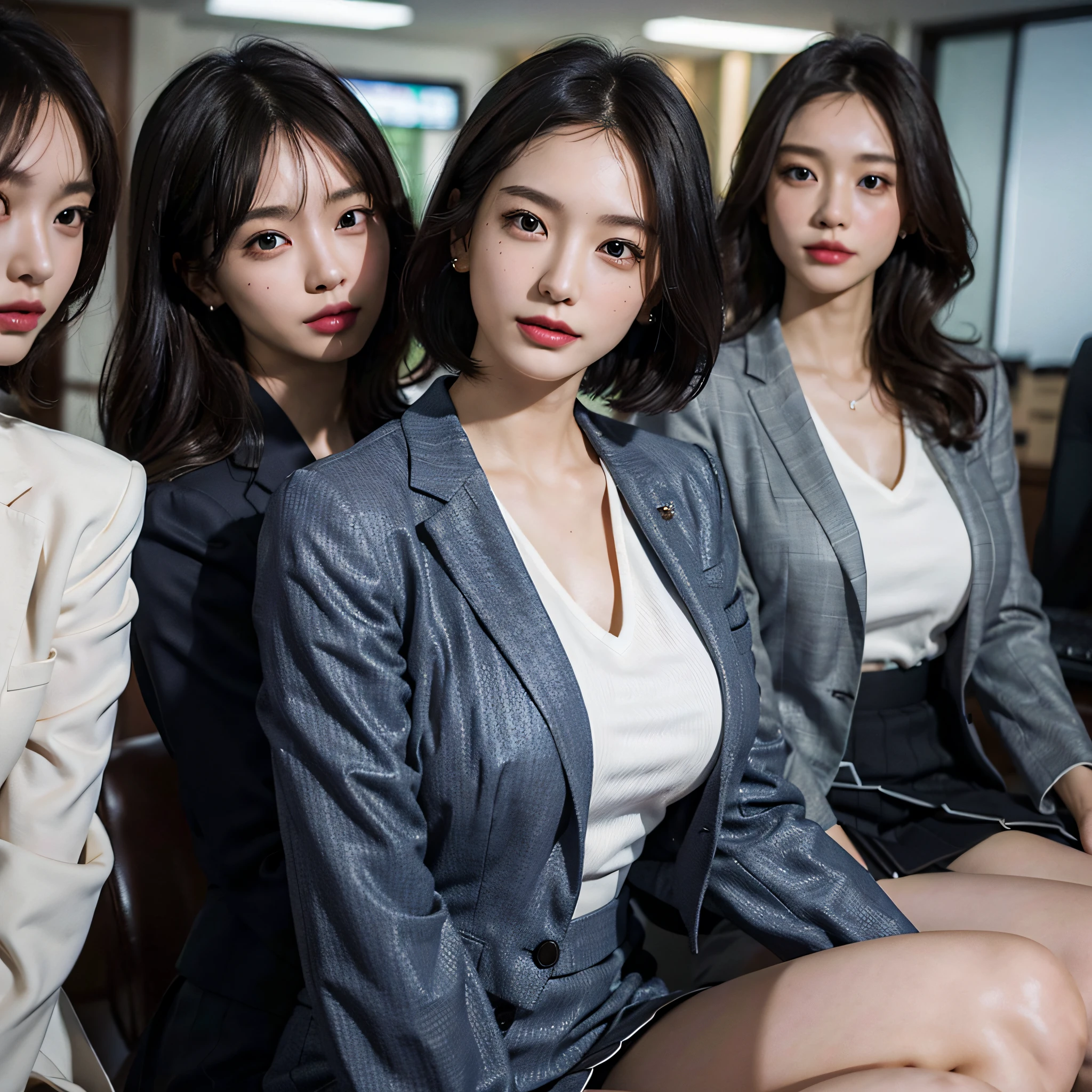 RAW photo, Extremely delicate and beautiful, Masterpiece, Best quality, 超高分辨率, 16k, Hyperrealistic, Ultra-detailed, Very detailed CG 8k wallpaper, Beautiful lighting, Perfect lightning, Realistic shadows, Perfect anatomy, Super detailed skin, Perfect figure, Japanese woman, in her 20s, Very slim body, Narrow waist, Very small head, handsome detailed woman, Very detailed eyes and face, Realistic face proportions, Stunning detailed eyes, Realistic beautiful face, Very small face, Realistic little beautiful eyes, Double eyelids, Makeup, tearful mole, mole on chest, earring, Bare legs, Beautiful and very thin legs, Beautiful and very thin thighs, (very huge round breasts:1.3), Short hair, Wavy hair, Sweat, (3 girls:1.5), (office lady suit:1.3), (skirt suit), (blazer jacket), (blouse),