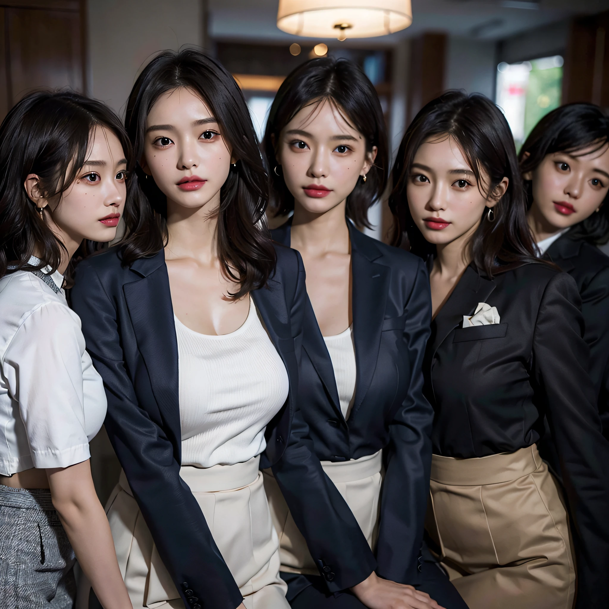 RAW photo, Extremely delicate and beautiful, Masterpiece, Best quality, 超高分辨率, 16k, Hyperrealistic, Ultra-detailed, Very detailed CG 8k wallpaper, Beautiful lighting, Perfect lightning, Realistic shadows, Perfect anatomy, Super detailed skin, Perfect figure, Japanese woman, in her 20s, Very slim body, Narrow waist, Very small head, handsome detailed woman, Very detailed eyes and face, Realistic face proportions, Stunning detailed eyes, Realistic beautiful face, Very small face, Realistic little beautiful eyes, Double eyelids, Makeup, tearful mole, mole on chest, earring, Bare legs, Beautiful and very thin legs, Beautiful and very thin thighs, (very huge round breasts:1.3), Short hair, Wavy hair, Sweat, (3 girls:1.5), (office lady suit:1.3), (skirt suit), (blazer jacket), (blouse),