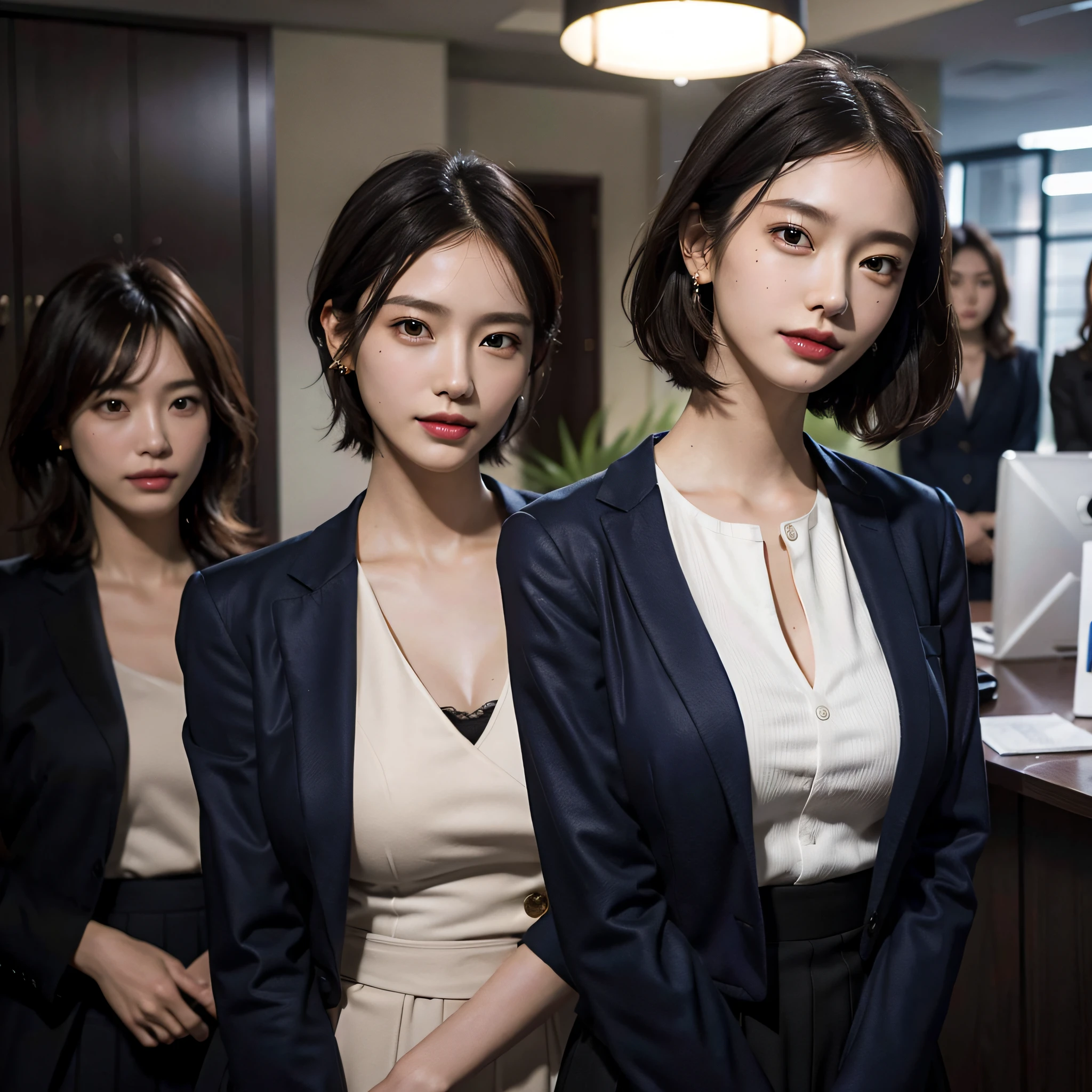 RAW photo, Extremely delicate and beautiful, Masterpiece, Best quality, 超高分辨率, 16k, Hyperrealistic, Ultra-detailed, Very detailed CG 8k wallpaper, Beautiful lighting, Perfect lightning, Realistic shadows, Perfect anatomy, Super detailed skin, Perfect figure, Japanese woman, in her 20s, Very slim body, Narrow waist, Very small head, handsome detailed woman, Very detailed eyes and face, Realistic face proportions, Stunning detailed eyes, Realistic beautiful face, Very small face, Realistic little beautiful eyes, Double eyelids, Makeup, tearful mole, mole on chest, earring, Bare legs, Beautiful and very thin legs, Beautiful and very thin thighs, (very huge round breasts:1.3), Short hair, Wavy hair, Sweat, (3 girls:1.5), (office lady suit:1.3), (skirt suit), (blazer jacket), (blouse),