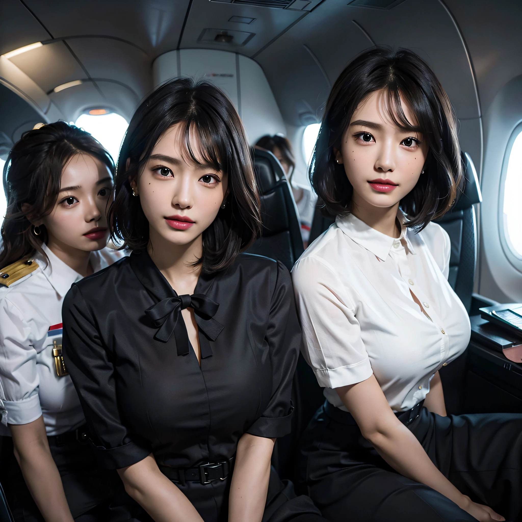 RAW photo, Extremely delicate and beautiful, Masterpiece, Best quality, 超高分辨率, 16k, Hyperrealistic, Ultra-detailed, Very detailed CG 8k wallpaper, Beautiful lighting, Perfect lightning, Realistic shadows, Perfect anatomy, Super detailed skin, Perfect figure, Japanese woman, in her 20s, Very slim body, Narrow waist, Very small head, handsome detailed woman, Very detailed eyes and face, Realistic face proportions, Stunning detailed eyes, Realistic beautiful face, Very small face, Realistic little beautiful eyes, Double eyelids, Makeup, tearful mole, mole on chest, earring, Bare legs, Beautiful and very thin legs, Beautiful and very thin thighs, (very huge round breasts:1.3), Short hair, Wavy hair, Sweat, (3 girls:1.5), ( flight attendant uniform:1.3), (blouse),