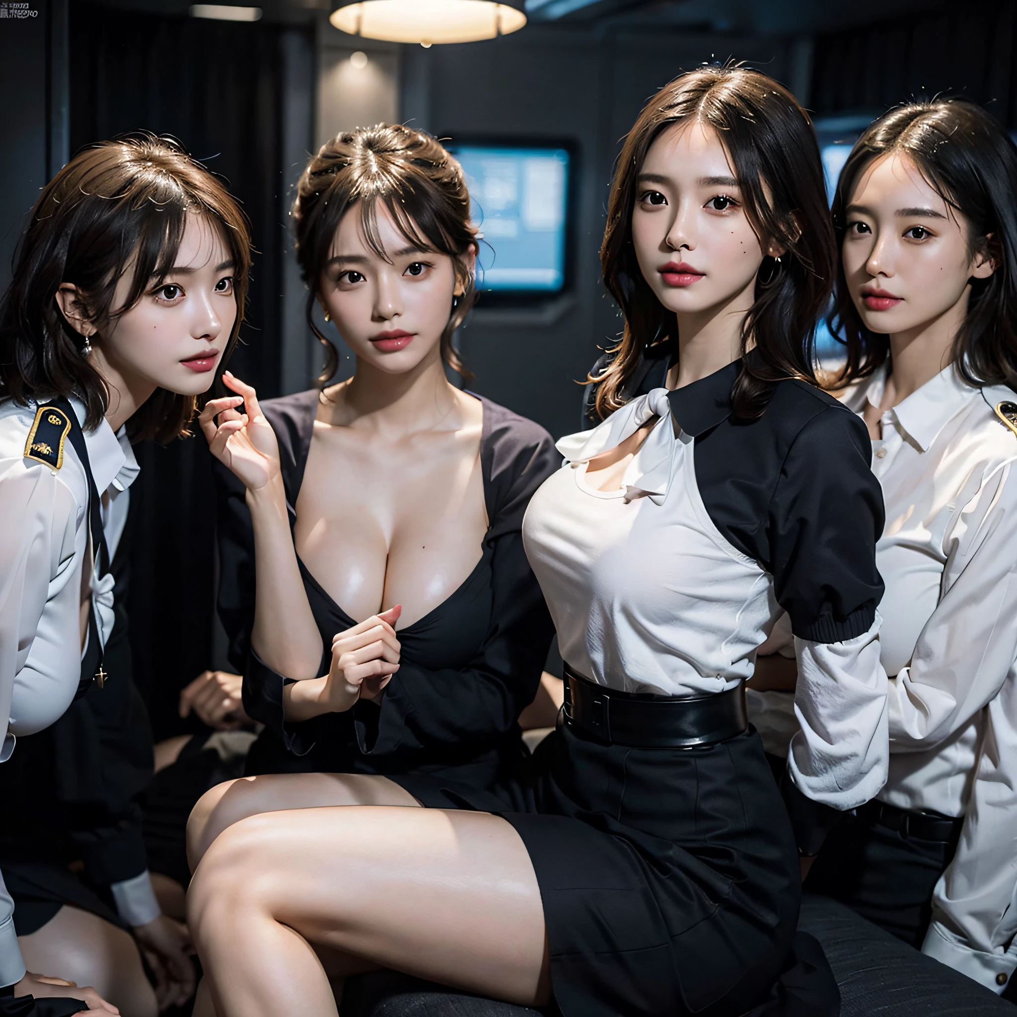 RAW photo, Extremely delicate and beautiful, Masterpiece, Best quality, 超高分辨率, 16k, Hyperrealistic, Ultra-detailed, Very detailed CG 8k wallpaper, Beautiful lighting, Perfect lightning, Realistic shadows, Perfect anatomy, Super detailed skin, Perfect figure, Japanese woman, in her 20s, Very slim body, Narrow waist, Very small head, handsome detailed woman, Very detailed eyes and face, Realistic face proportions, Stunning detailed eyes, Realistic beautiful face, Very small face, Realistic little beautiful eyes, Double eyelids, Makeup, tearful mole, mole on chest, earring, Bare legs, Beautiful and very thin legs, Beautiful and very thin thighs, (very huge round breasts:1.3), Short hair, Wavy hair, Sweat, (3 girls:1.5), ( flight attendant uniform:1.3), (blouse),
