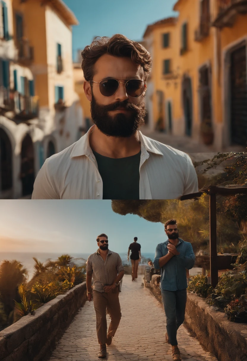 Homem com barba andando na cidade com 3 amigos, realista, 4k, cinemactic, rosto detalhado, olhos castanhos, SET ATMOSPHERE, poros da pele, fotografia real