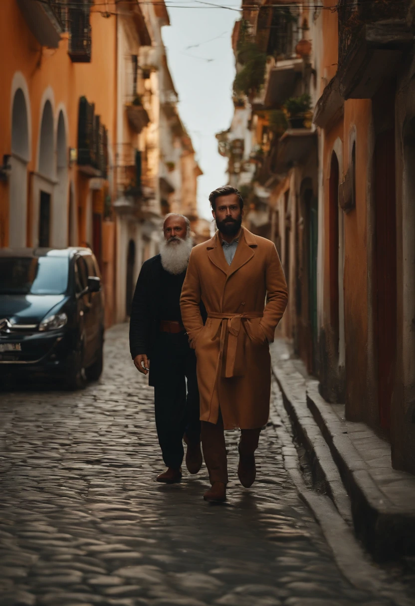 Homem com barba andando na cidade com 3 amigos, realista, 4k, cinemactic, rosto detalhado, olhos castanhos, SET ATMOSPHERE, poros da pele, fotografia real