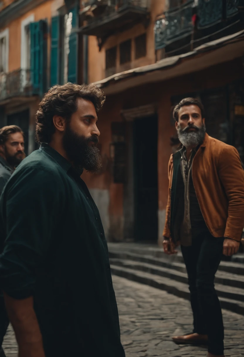 Homem com barba andando na cidade com 3 amigos, realista, 4k, cinemactic, rosto detalhado, olhos castanhos, SET ATMOSPHERE, poros da pele, fotografia real