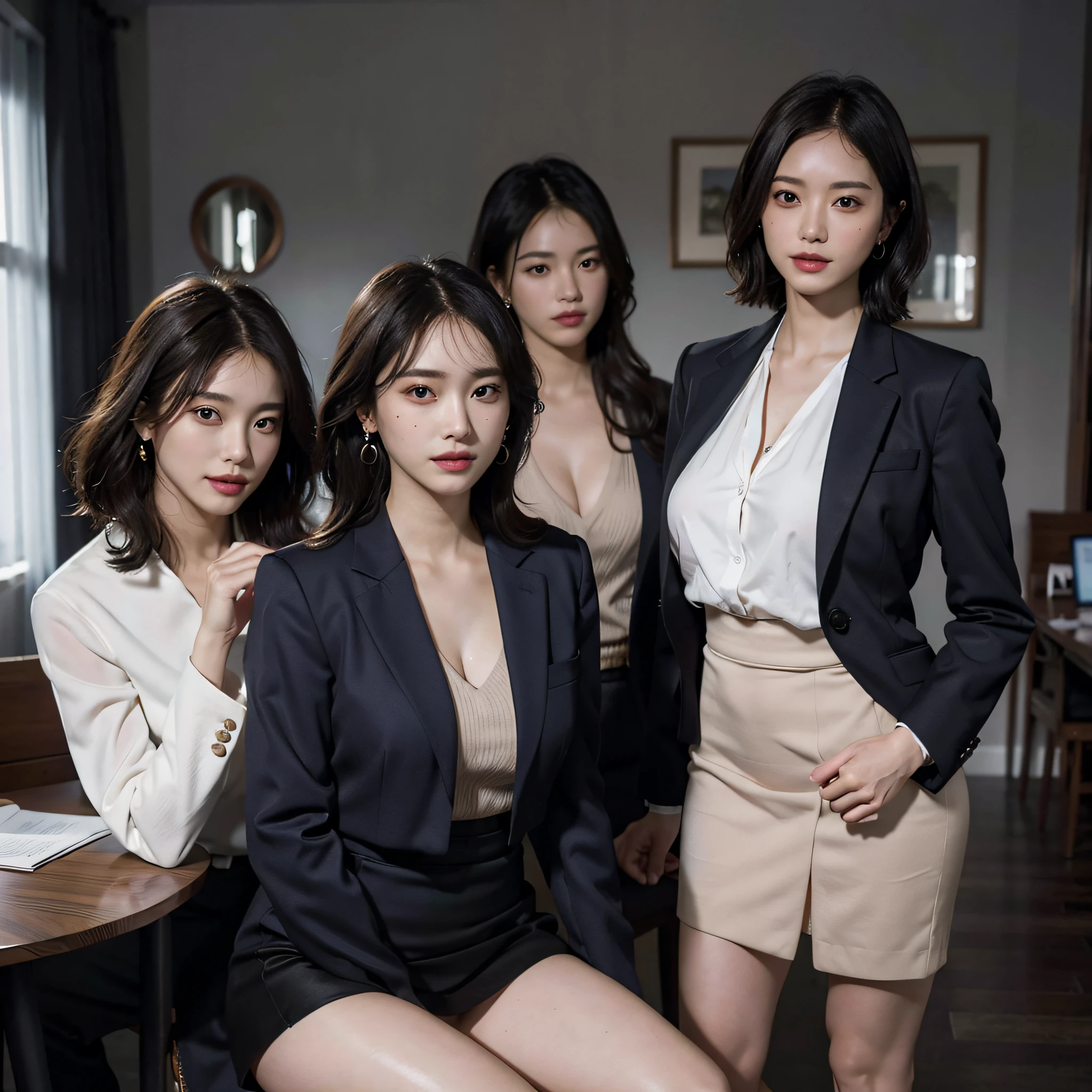 absurdres, RAW photo, extremely delicate and beautiful, masterpiece, Best Quality, ultra high resolution, 16k, hyperrealistic, ultra-detailed, Very detailed CG 8k wallpaper, Beautiful Lighting, Perfect Lightning, Realistic Shadows, perfect anatomy, super Detailed skin, perfect figure, Japanese woman, late 20s, very Slim body, narrow waist, very small head, handsome detailed woman, very detailed eyes and face, realistic face proportions, Stunning detailed eyes, Realistic beautiful face, very small face, Realistic small beautiful eyes, double eyelids, makeup, tearful mole, mole on chest, earring, bare legs, beautiful and very thin legs, beautiful and very thin thighs, (very huge round breasts:1.3), short hair, wavy hair, sweat, tight-fitting, cleavage, Fine Collarbone, (3 girls:1.5), (office lady suit:1.3), (skirt suit), (suit jacket),