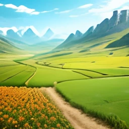 ultra realist, Medieval fantasy, Masterpiece, paysage, immense, Prairies, verdoyant, Small, remote villages and wheat fields, Forests and mountains in the background, collines