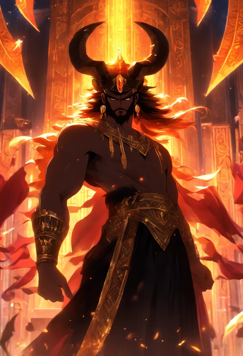 (((King of Babylon))) best quality, ultra-high resolution, 4K detailed CG, master piece, man, black hair, standing, crown with horns, Babylon, Babylonian clothing, Babylonian mythology, ((Crown with four horns))Babylonian image style, aesthetic, screen-centered, full body