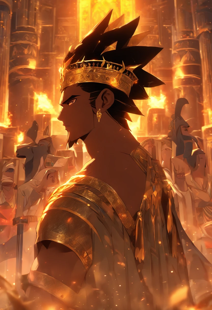 (((King of Babylon))) best quality, ultra-high resolution, 4K detailed CG, master piece, man, black hair, standing, crown with horns, Babylon, Babylonian clothing, Babylonian mythology, ((Crown with four horns))Babylonian image style, aesthetic, screen-centered, full body