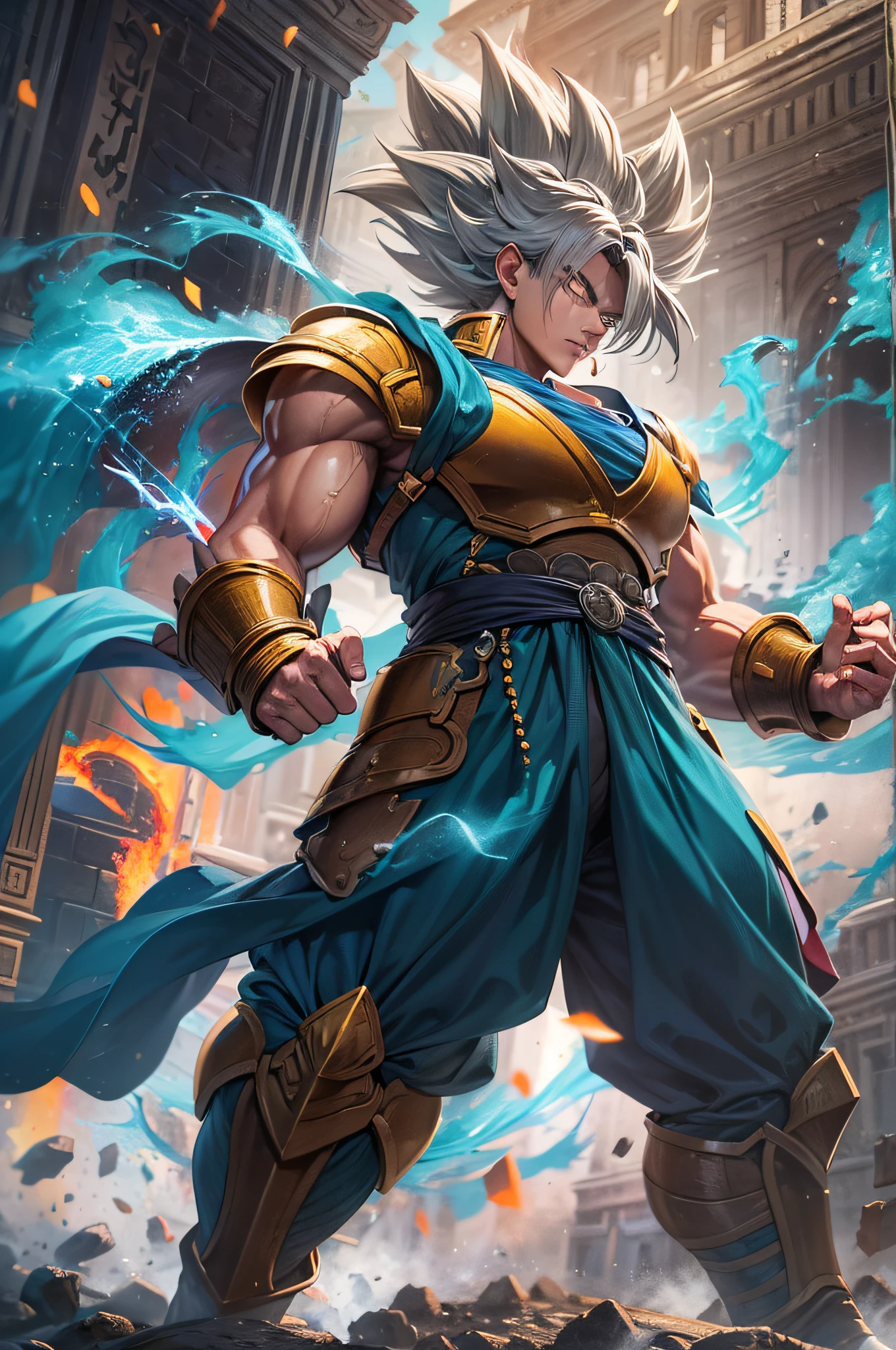 goku,blue pegasus armor,knight of the zodiacs,beautiful detailed eyes,beautiful detailed lips,extremely detailed eyes and face,longeyelashes,[armor],powerful muscular body,strong confident stance,energetic fighting pose,lively spirit,[dragon ball],anime style,realistic,photo-realistic:1.37,[battle],intense energy blasts,electric aura,explosive impact effects,dramatic lighting,[background],epic battle scene,destroyed city ruins,floating debris,flying rocks,smoke and dust clouds,[lighting],dynamic sunlight,cinematic shadows,spotlight effect,glowing energy orbs,vivid colors,fiery red,electric blue,contrast of light and dark,masterpiece:1.2,highres,HDR,UHD,bokeh