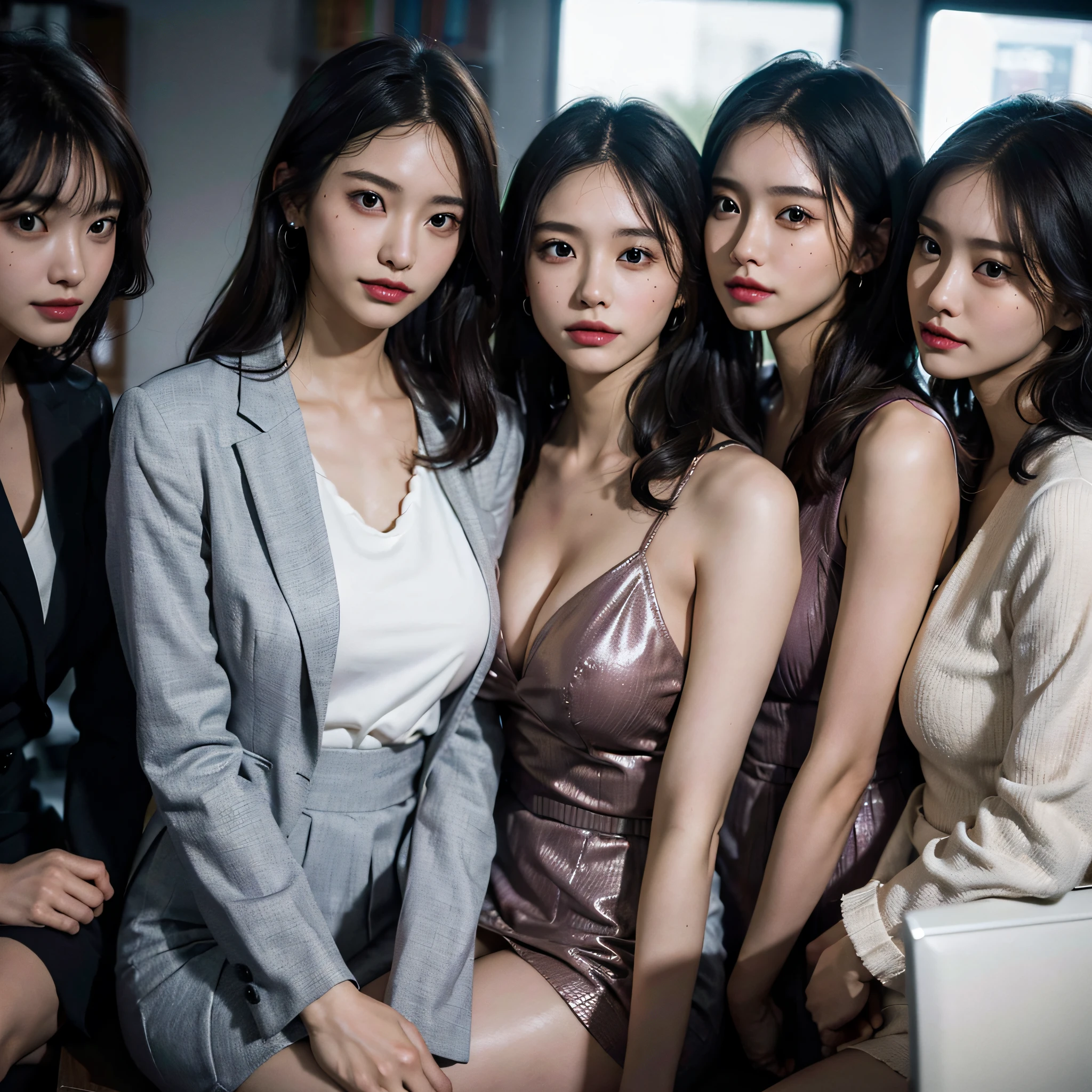 absurdres, RAW photo, extremely delicate and beautiful, masterpiece, Best Quality, ultra high resolution, 16k, hyperrealistic, ultra-detailed, Very detailed CG 8k wallpaper, Beautiful Lighting, Perfect Lightning, Realistic Shadows, perfect anatomy, super Detailed skin, perfect figure, Japanese woman, in her 20s, very Slim body, narrow waist, very small head, handsome detailed woman, very detailed eyes and face, realistic face proportions, Stunning detailed eyes, Realistic beautiful face, very small face, Realistic small beautiful eyes, double eyelids, makeup, tearful mole, mole on chest, earring, bare legs, beautiful and very thin legs, beautiful and very thin thighs, (very huge round breasts:1.3), short hair, wavy hair, sweat, full body shot, (3 girls:1.5), (office lady suit:1.3), (skirt suit), (suit jacket), (blouse),