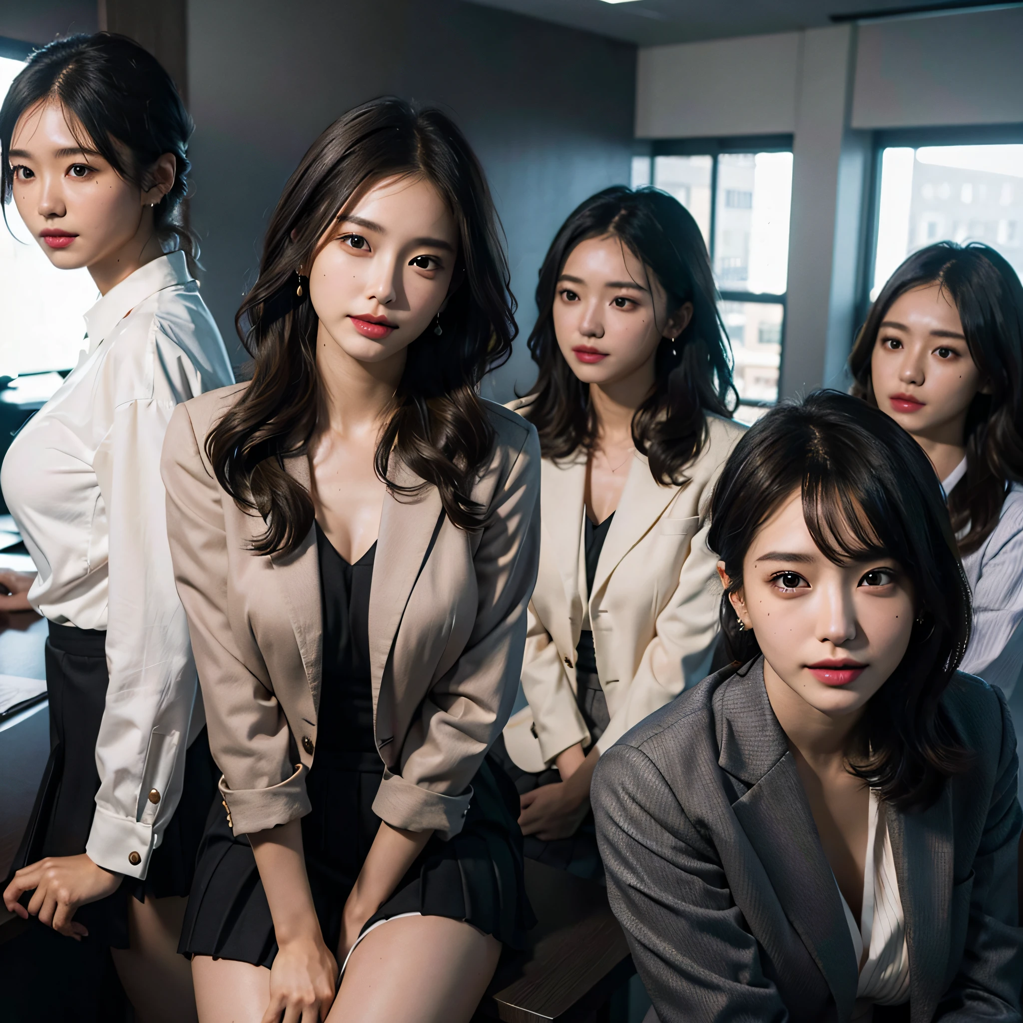 , RAW photo, Extremely delicate and beautiful, Masterpiece, Best quality, 超高分辨率, 16k, Hyperrealistic, Ultra-detailed, Very detailed CG 8k wallpaper, Beautiful lighting, Perfect lightning, Realistic shadows, Perfect anatomy, Super detailed skin, Perfect figure, Japanese woman, in her 20s, Very slim body, Narrow waist, Very small head, handsome detailed woman, Very detailed eyes and face, Realistic face proportions, Stunning detailed eyes, Realistic beautiful face, Very small face, Realistic little beautiful eyes, Double eyelids, Makeup, tearful mole, a mole on chest, earring, Bare legs, Beautiful and very thin legs, Beautiful and very thin thighs, (very large round breasts:1.3), Short hair, Wavy hair, Sweat, (3 girls:1.5), (office lady suit:1.3), (skirt suit), (blazer jacket), (blouse),