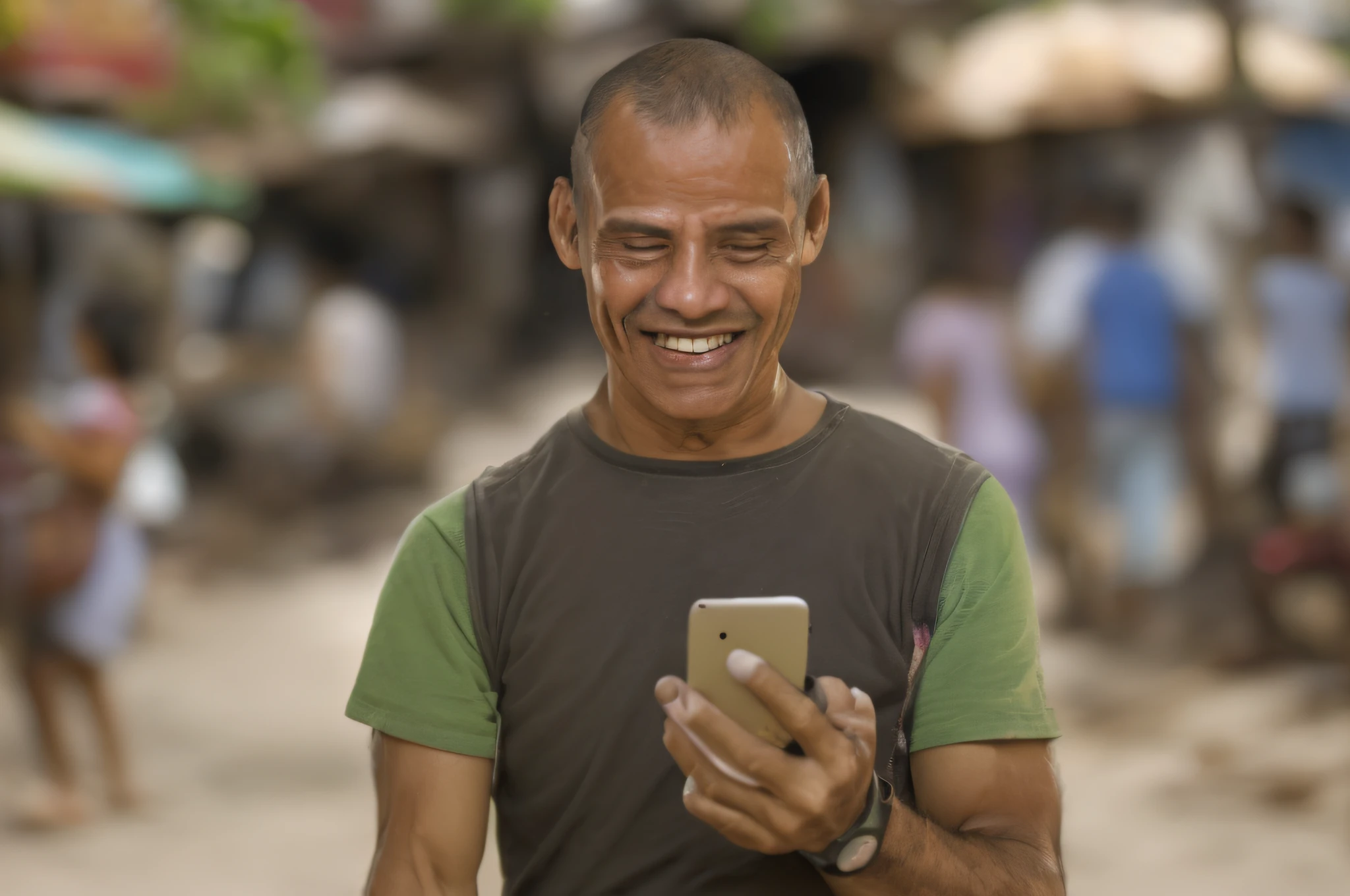 HOMEM LATINO COMUM OLHANDO SORRINDO O CELULAR. FUNDO URBANO.
