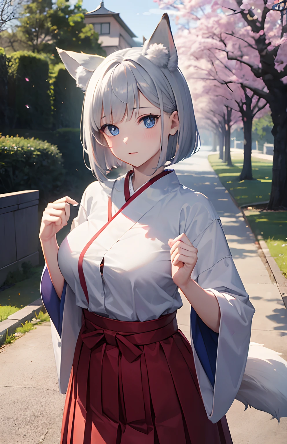 ​masterpiece,Top image quality,hight resolution,imagem 4k,Raw photo,Photorealsitic,{Solo},teens girl,Embarrassment,Silver Short Bob,stare at each other,shrines,Blue eyes,小柄,tits out,Silver fox ears,Fox tail,cherry trees,boyish,hakama,dance