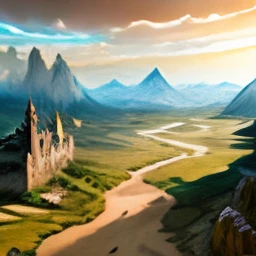 ultra realist, medieval fantasy, Masterpiece, paysage, immense, prairies, verdoyant, Great Distant City, Forests and mountains in the background