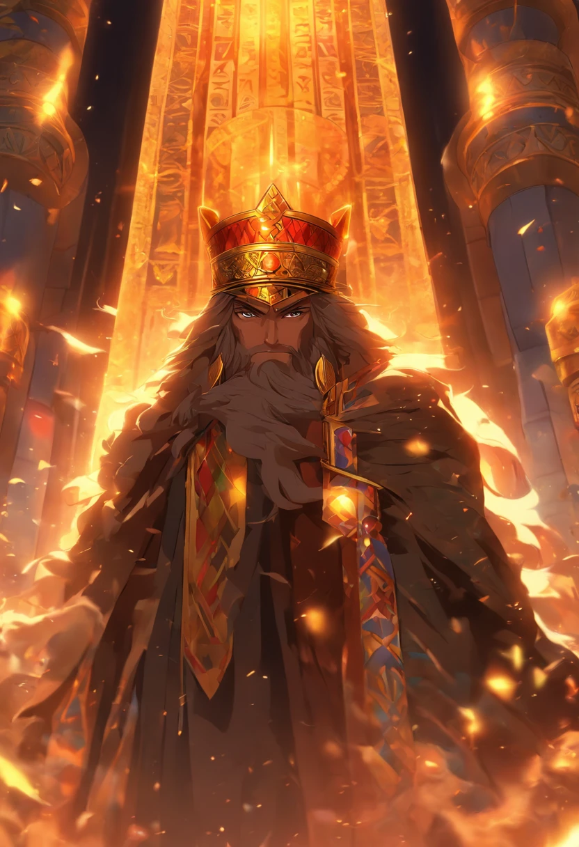 (((King of Babylon))) best quality, ultra-high resolution, CG detalhado 4K, piece of master, Man, cabelos pretos, Standing, coroa com chifres, Babylon, Babylonian Clothing, Babylonian Mythology, ((Coroa comchifres))Babylonian Picture Style, aesthetic, centrado na tela, corpo inteiro