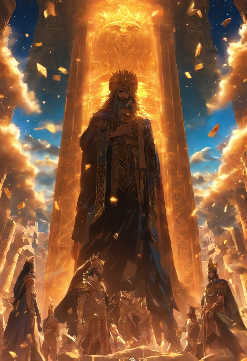 (((King of Babylon))) best quality, ultra-high resolution, CG detalhado 4K, piece of master, Man, cabelos pretos, Standing, coroa com chifres, Babylon, Babylonian Clothing, Babylonian Mythology, ((Coroa comchifres))Babylonian Picture Style, aesthetic, centrado na tela, corpo inteiro