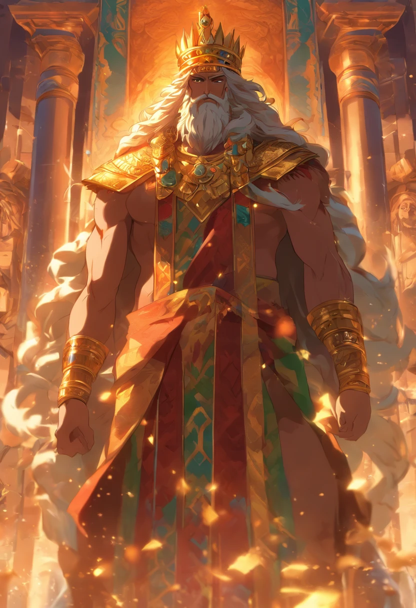 (((King of Babylon))) best quality, ultra-high resolution, CG detalhado 4K, piece of master, Man, cabelos pretos, Standing, coroa com chifres, Babylon, Babylonian Clothing, Babylonian Mythology, ((Coroa comchifres))Babylonian Picture Style, aesthetic, centrado na tela, corpo inteiro