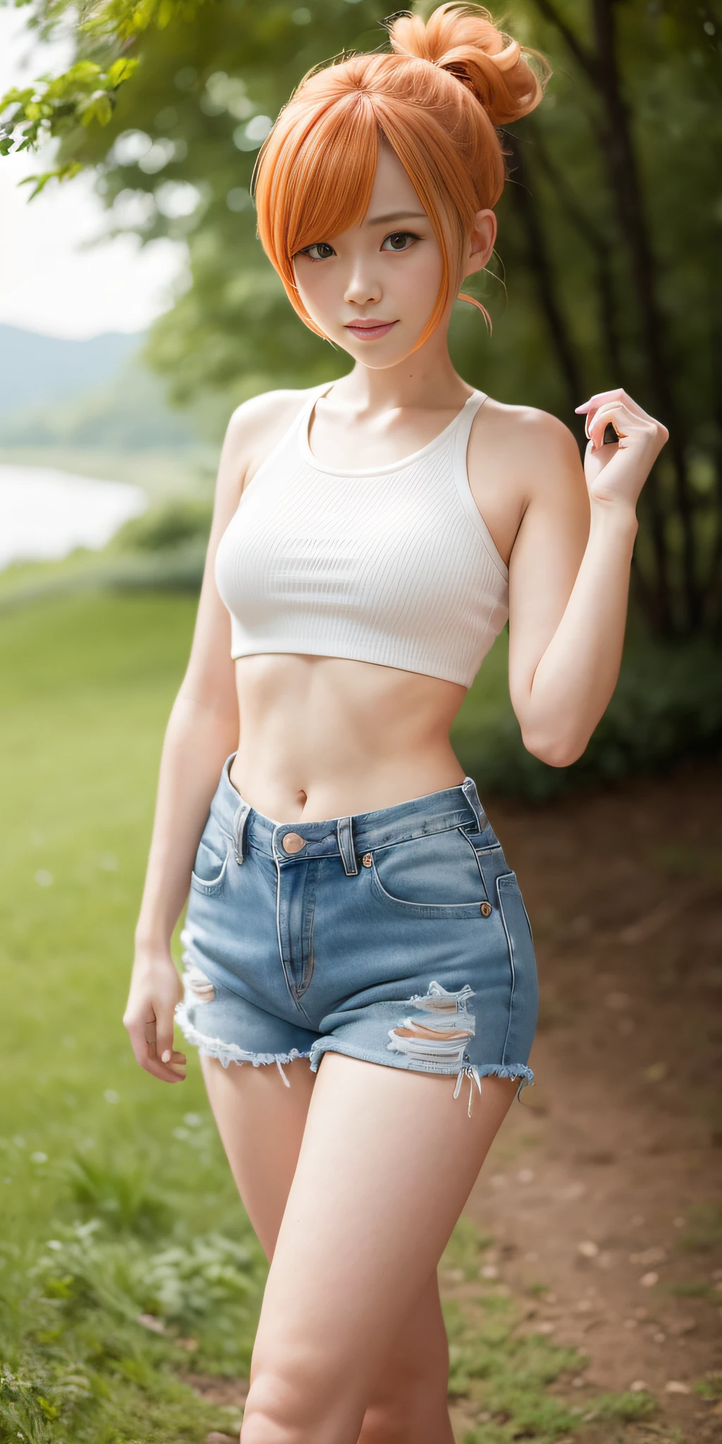 professional anime, anime :Pokemon, anime style: OLM.inc, masterpiece, best quality, high resolution, 1 woman only, misty (pokemon), orange hair, solo, shorts, suspenders, side ponytail, orange hair, stomach, yellow crop top, navel, short hair, denim, jean shorts, smile, cowboy shot, standing, pace_sign, outdoors, (((100% Nude)))
