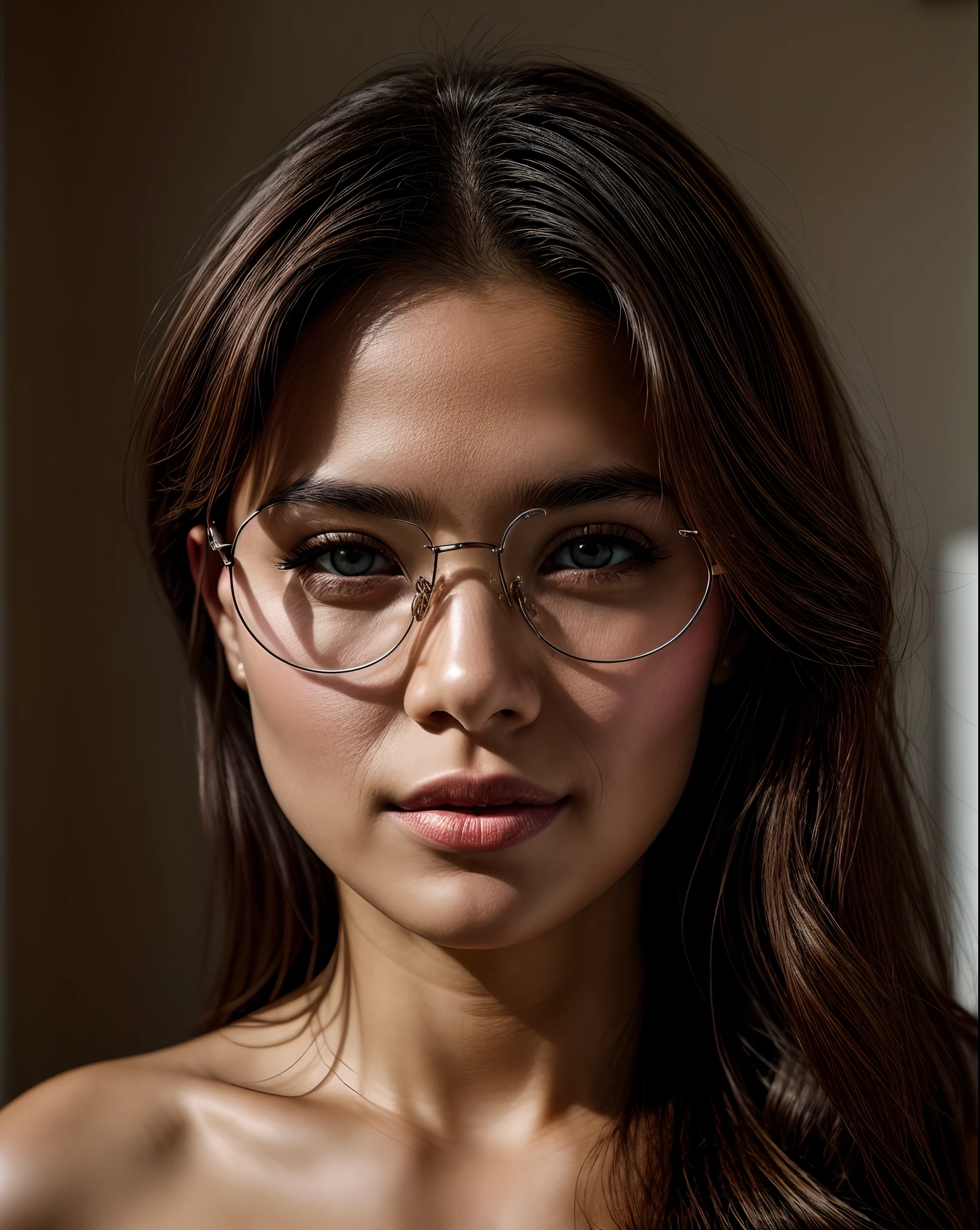 : Inside a luxurious bedroom, a young woman radiates beauty while wearing chic glasses. Her close-up portrait highlights her soft, symmetric facial features, creating a sense of intimacy. Captured with a Sony A1 and an 85mm F/1.4 lens, ISO 100, medium format, 45 megapixels, the photo combines flash and natural sunlight for a warm and inviting ambiance.